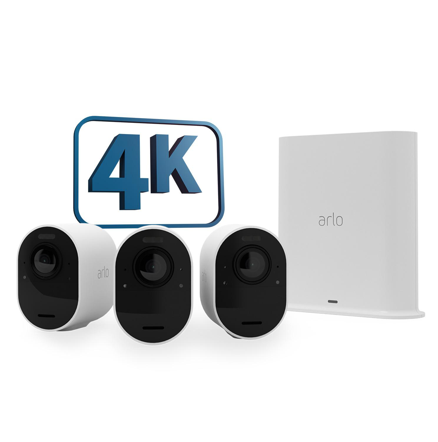 Drei weiße Arlo-Sicherheitskameras und eine Basisstation, mit 4K-Text.