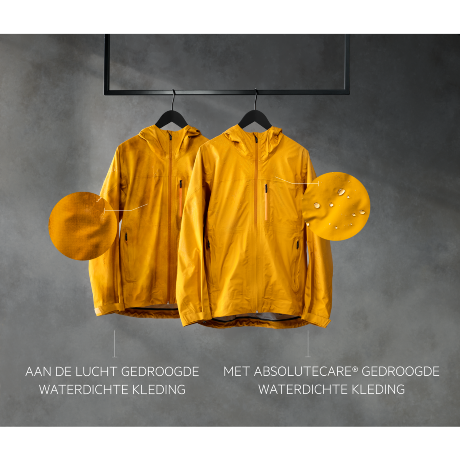 Two yellow waterproof jackets hanging next to each other, with close-up details.
