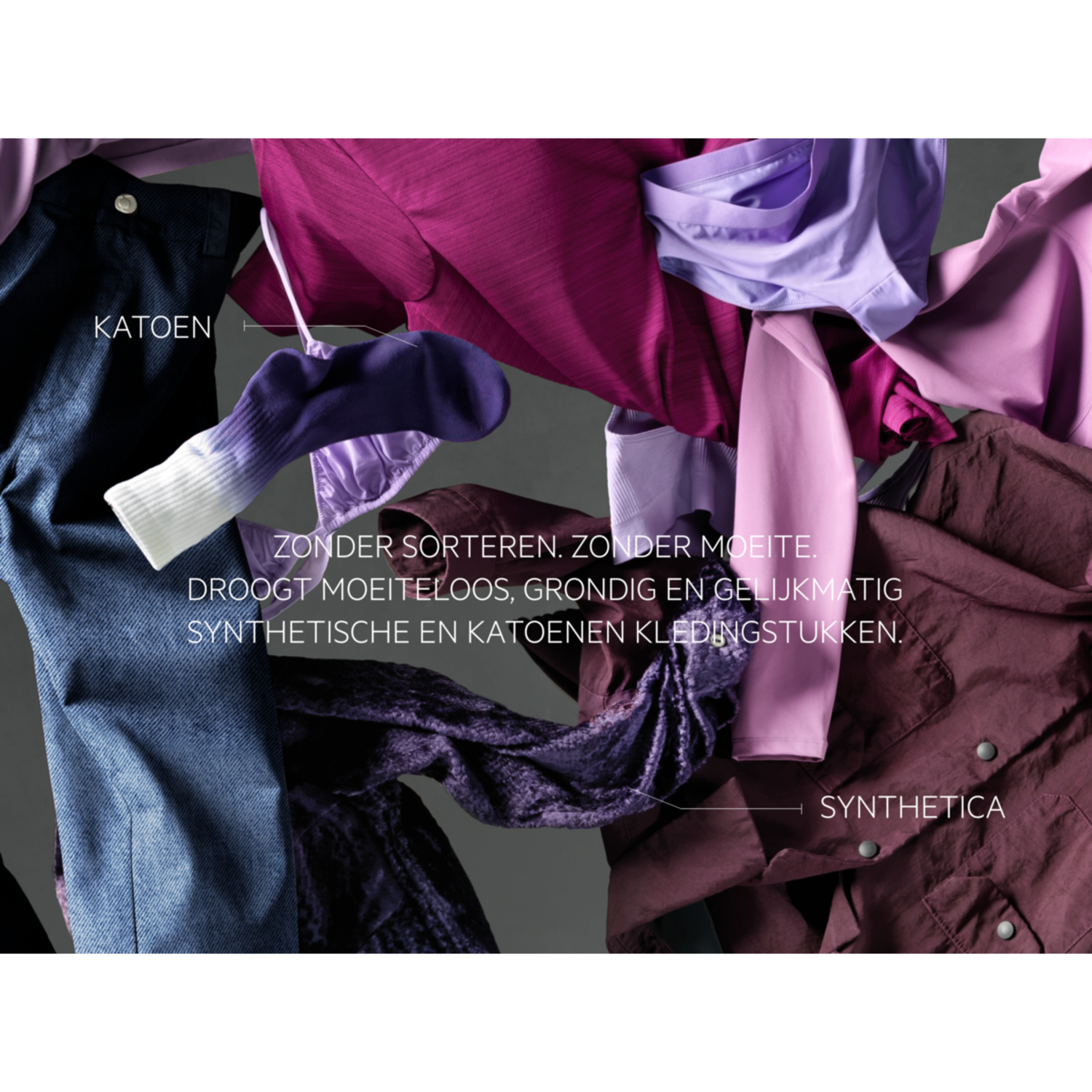 Clothes in the air, with the text KATOEN and SYNTHETICA. Text: drying synthetic and cotton garments.