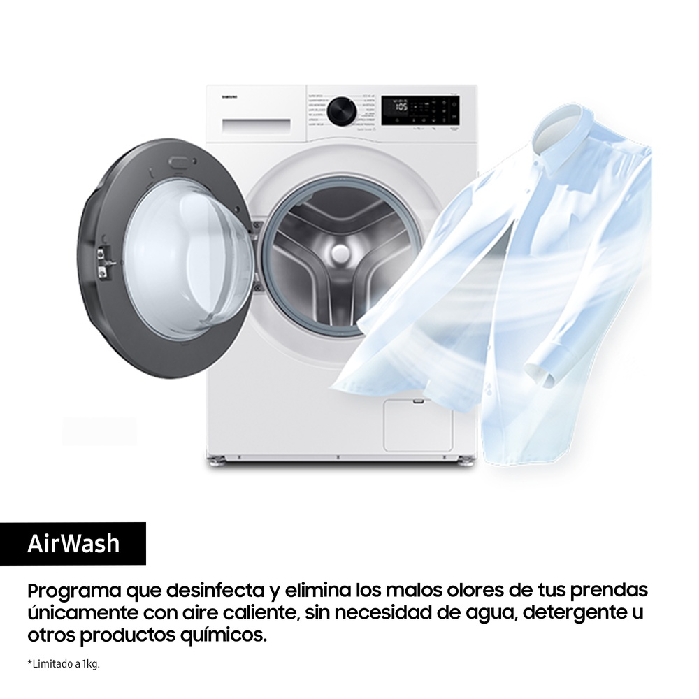 Lavadora con puerta abierta y camisa. Texto sobre AirWash.