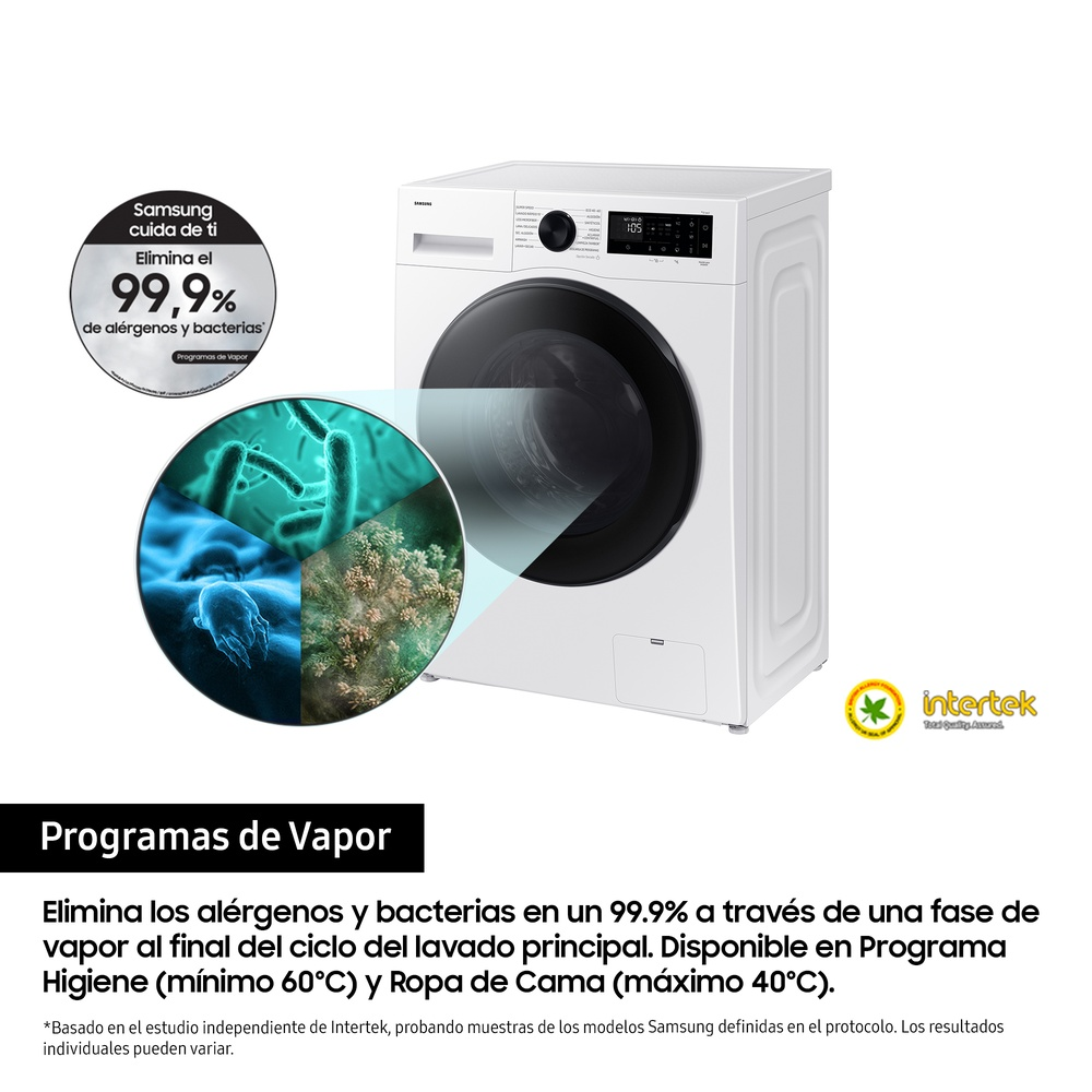 Una lavadora Samsung, con texto y un diagrama de bacterias.