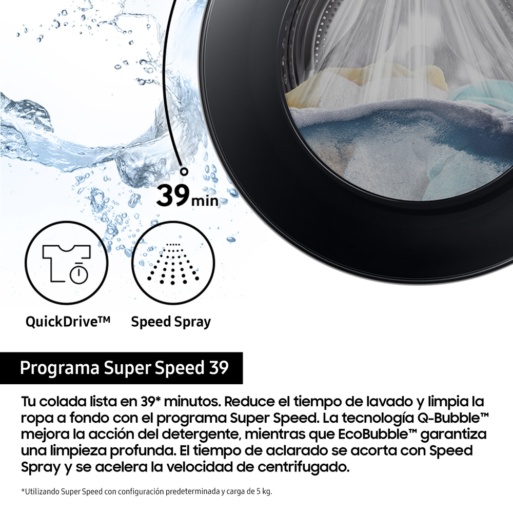 Lavadora mostrando agua y burbujas. Texto: Super Speed 39. Texto: QuickDrive, Speed Spray.
