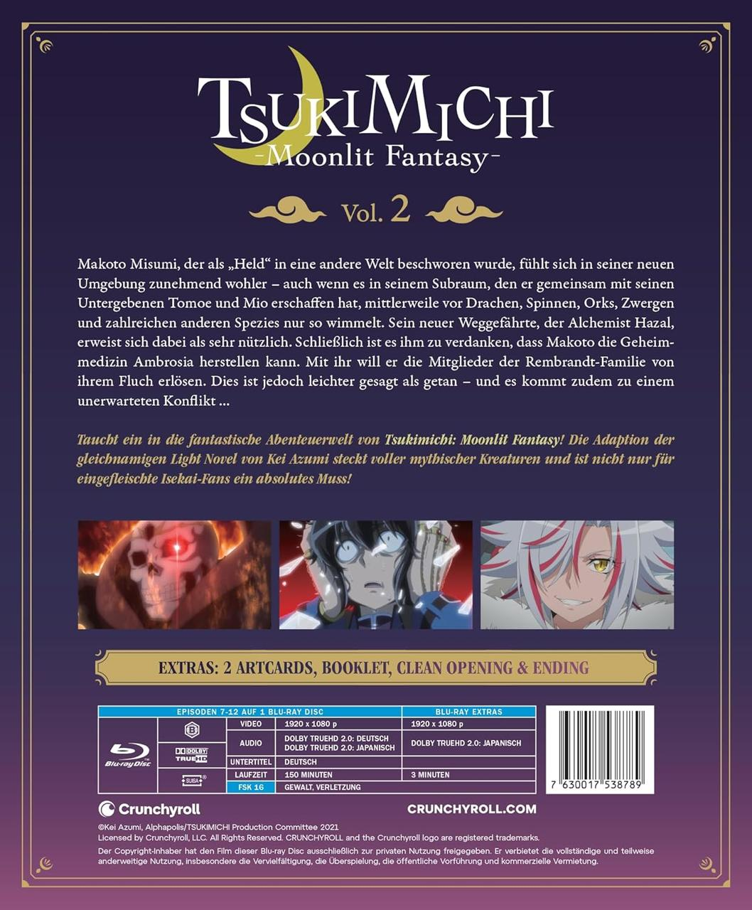 Blu-ray-Rückseite: Text mit Bildern von Anime-Charakteren. Blu-ray- und Crunchyroll-Logos.