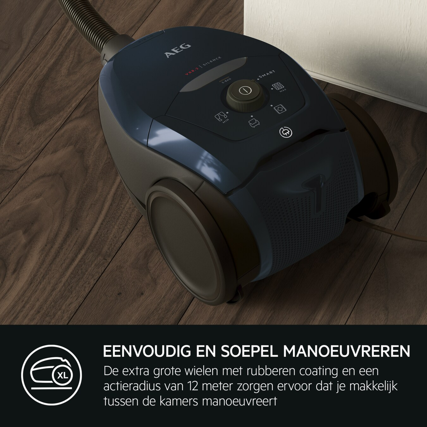 AEG vacuum cleaner with large wheels, and text: 'Eenvoudig en soepel manoeuvreren'.