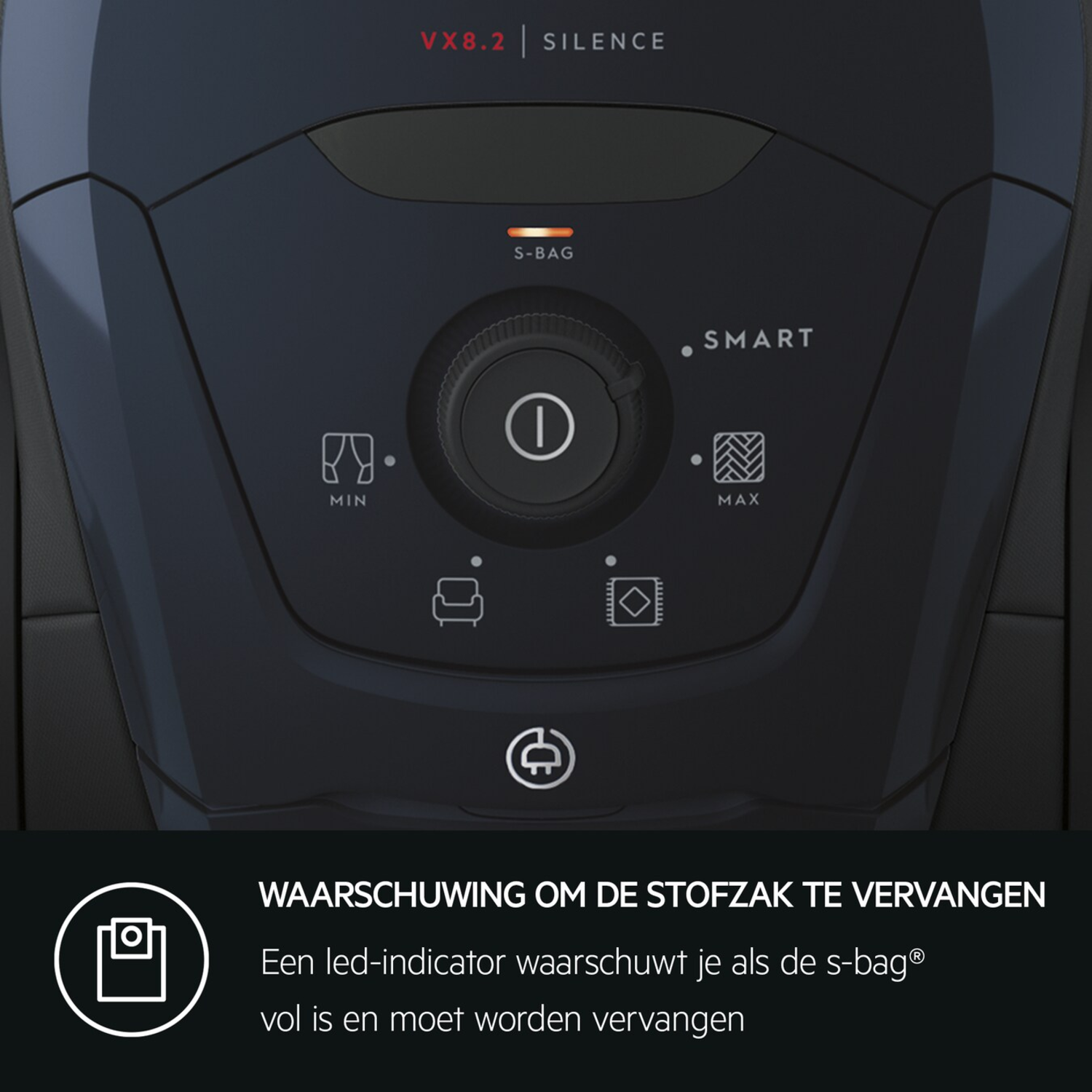 Close-up of an AEG vacuum cleaner control panel, text: 'Waarschuwing om de stofzak te vervangen'.