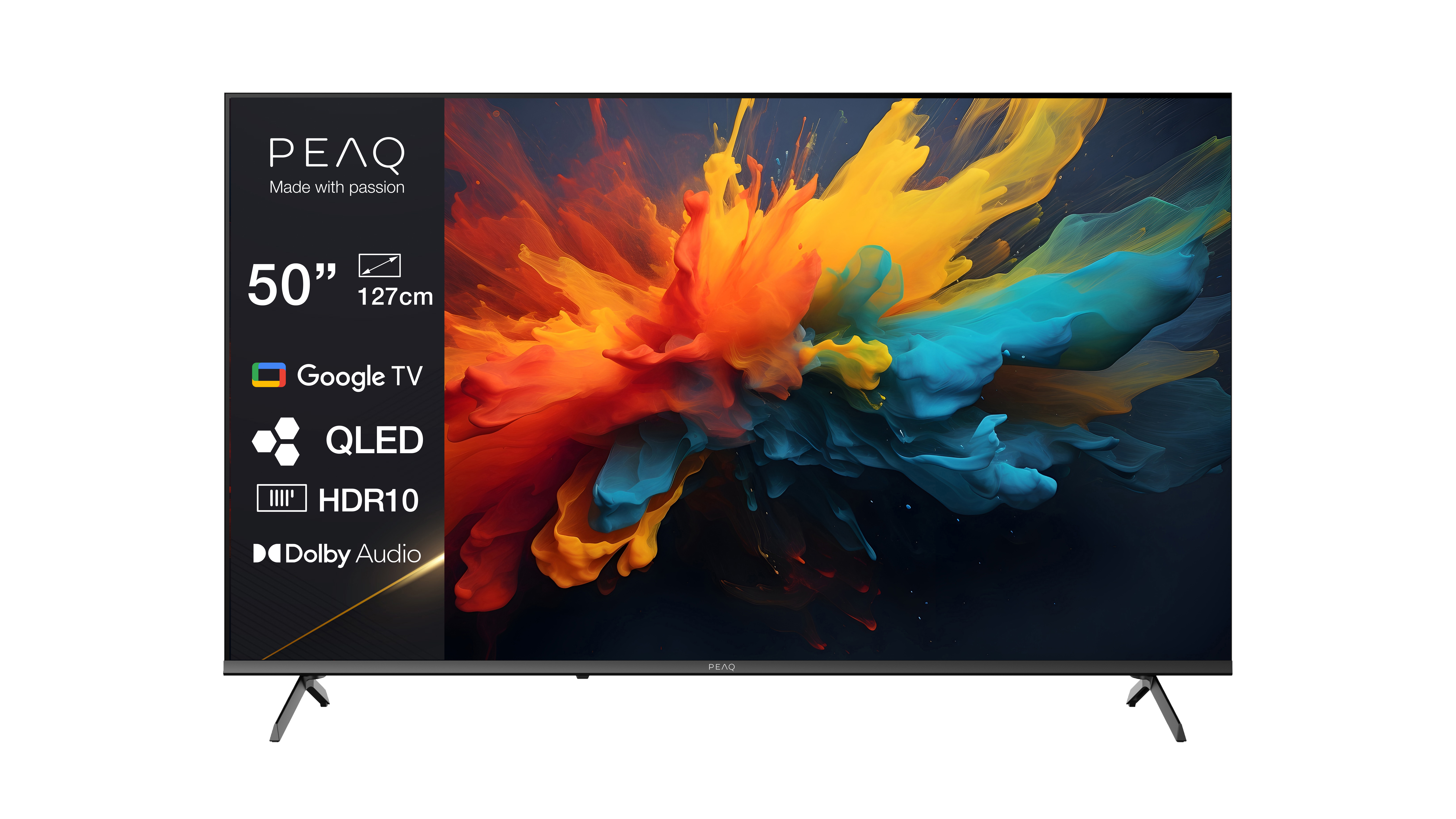 50" ekran TV z kolorową sztuką abstrakcyjną, czarna ramka, białe tło.