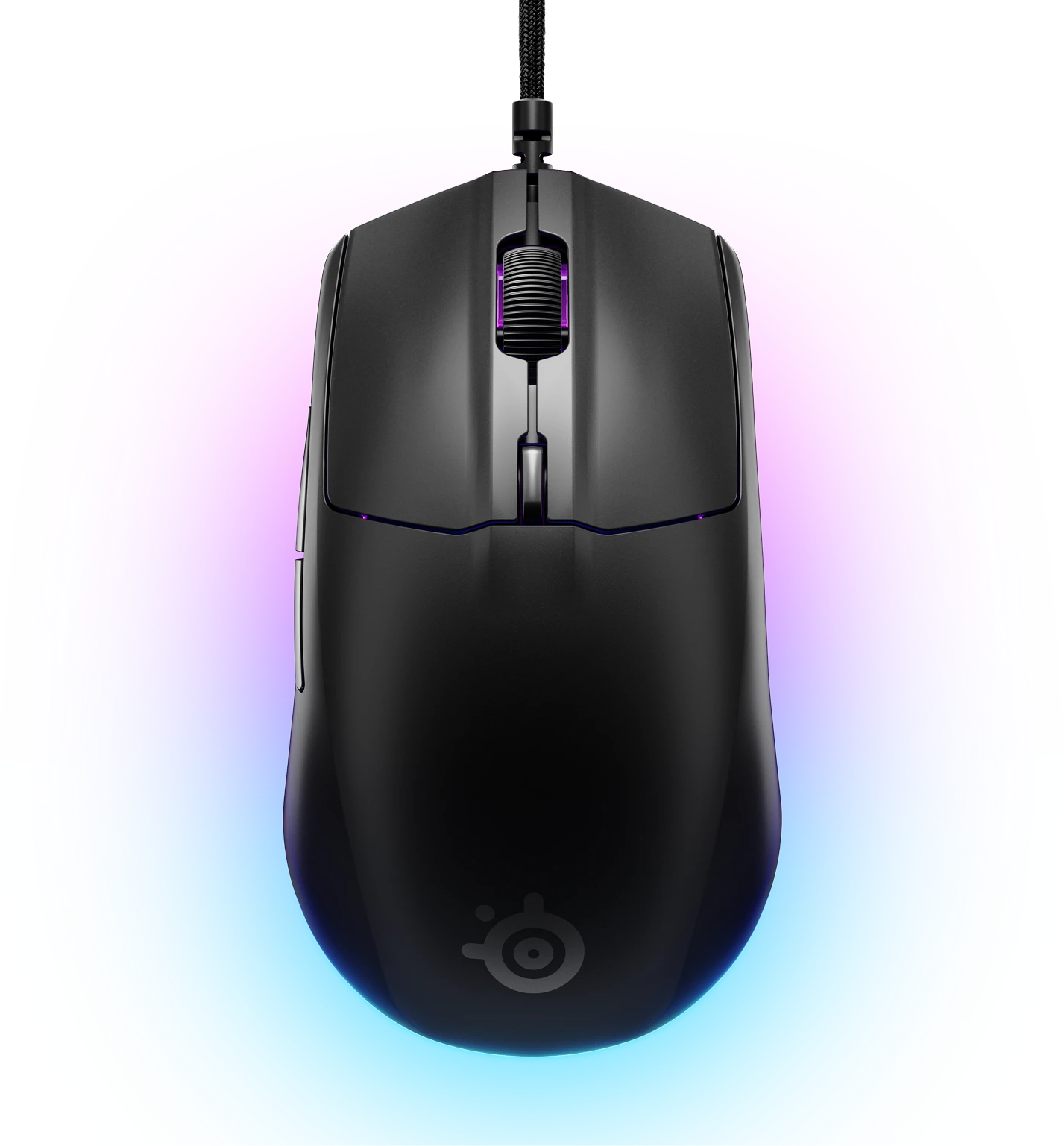 Fekete gamer egér lila és kék LED világítással az alapja körül.