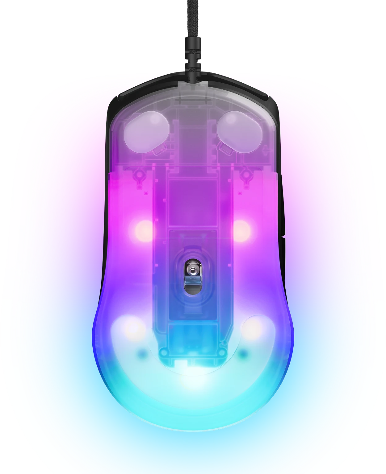Játék egér átlátszó testtel és RGB világítással, felülről és közelről.
