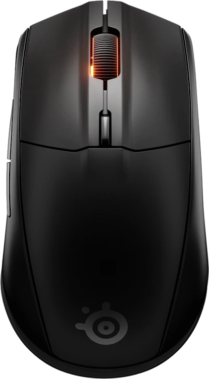 Fekete vezeték nélküli gamer egér felülnézete. A görgő narancssárga fénnyel világít. SteelSeries logó.
