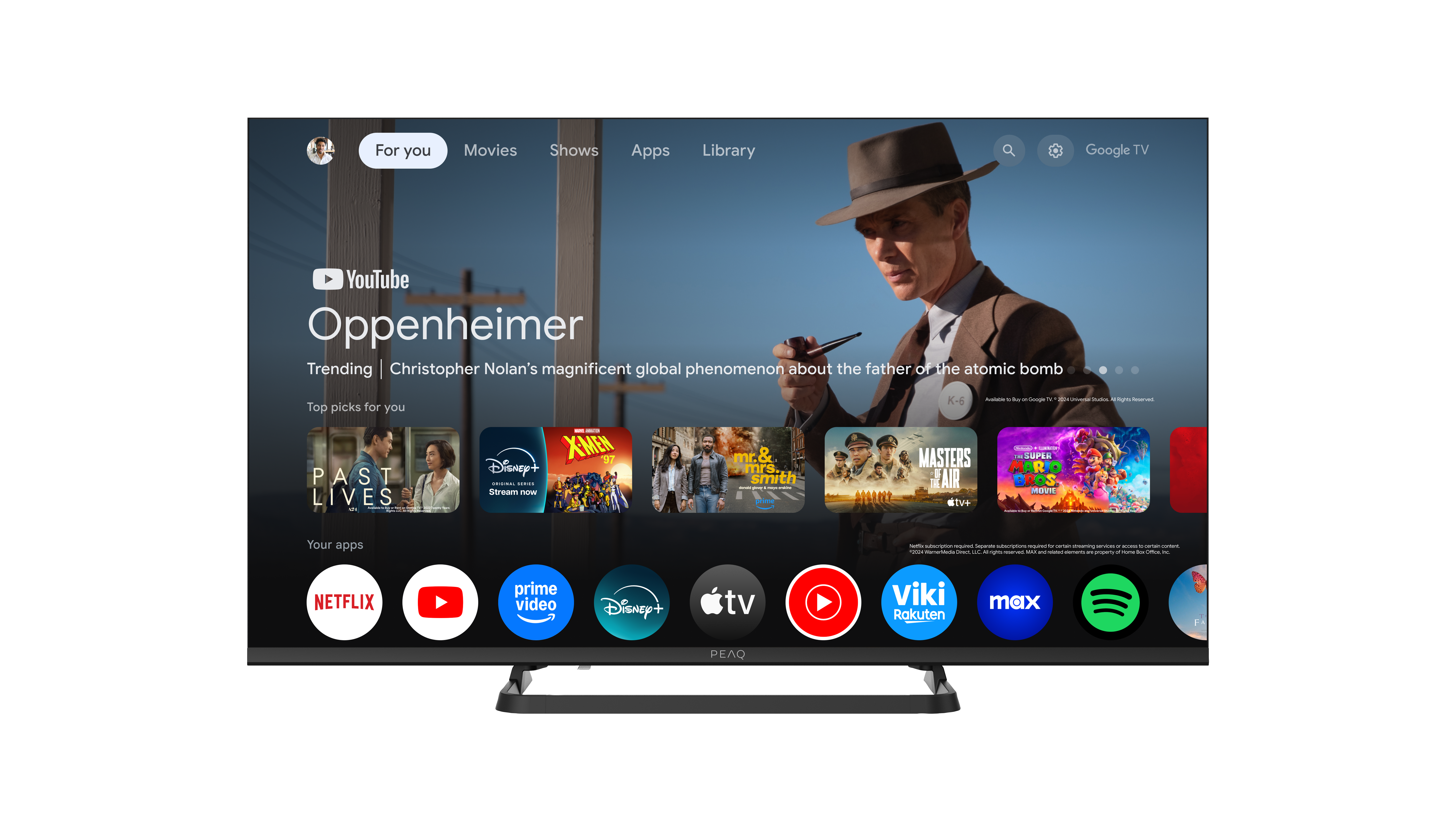 Telewizor Smart TV wyświetlający film Oppenheimer. Pokazuje inne filmy i aplikacje na ekranie.