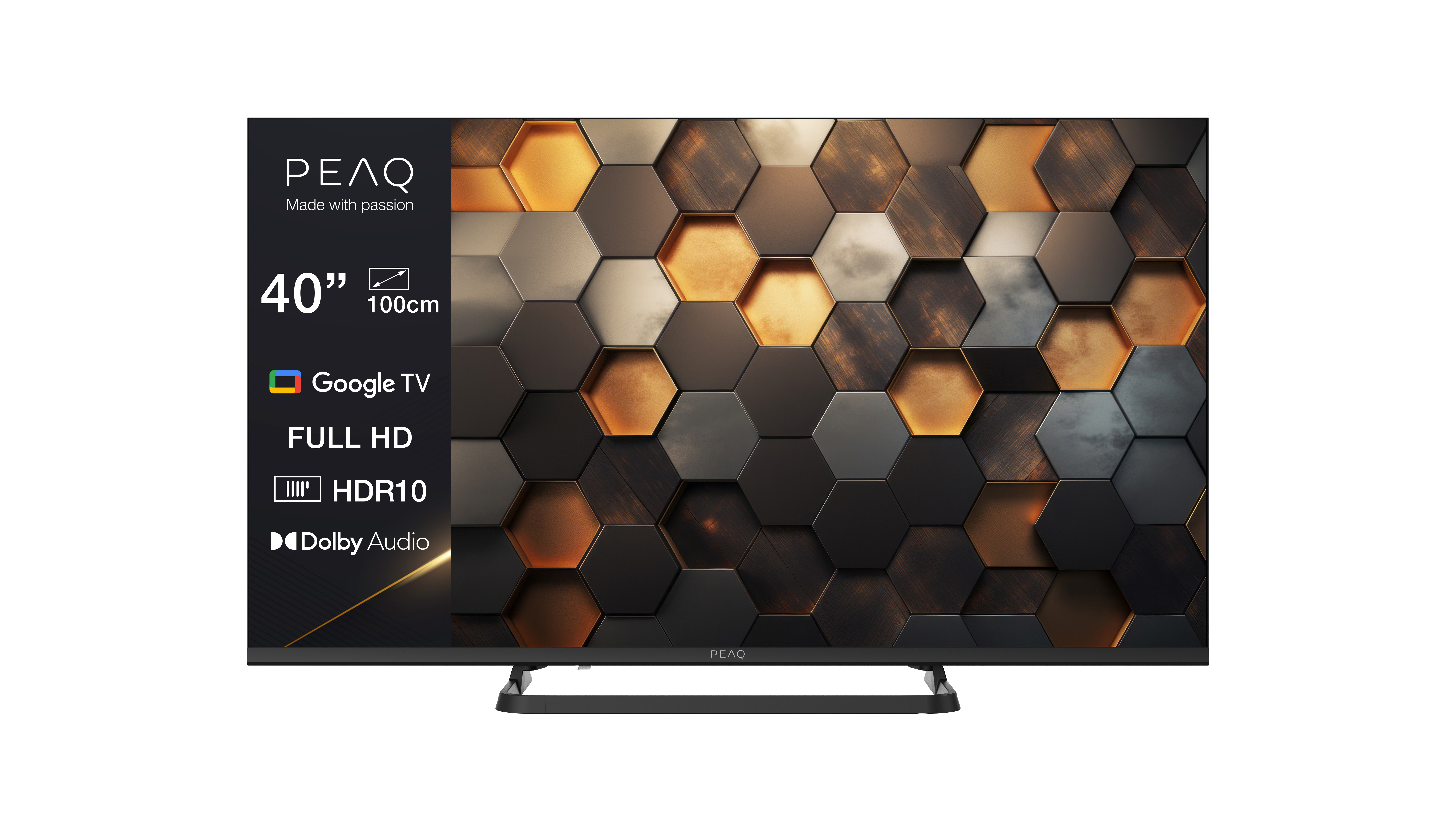 Ein PEAQ-Fernseher zeigt einen farbenfrohen abstrakten Hintergrund mit dem Markenlogo und Details.