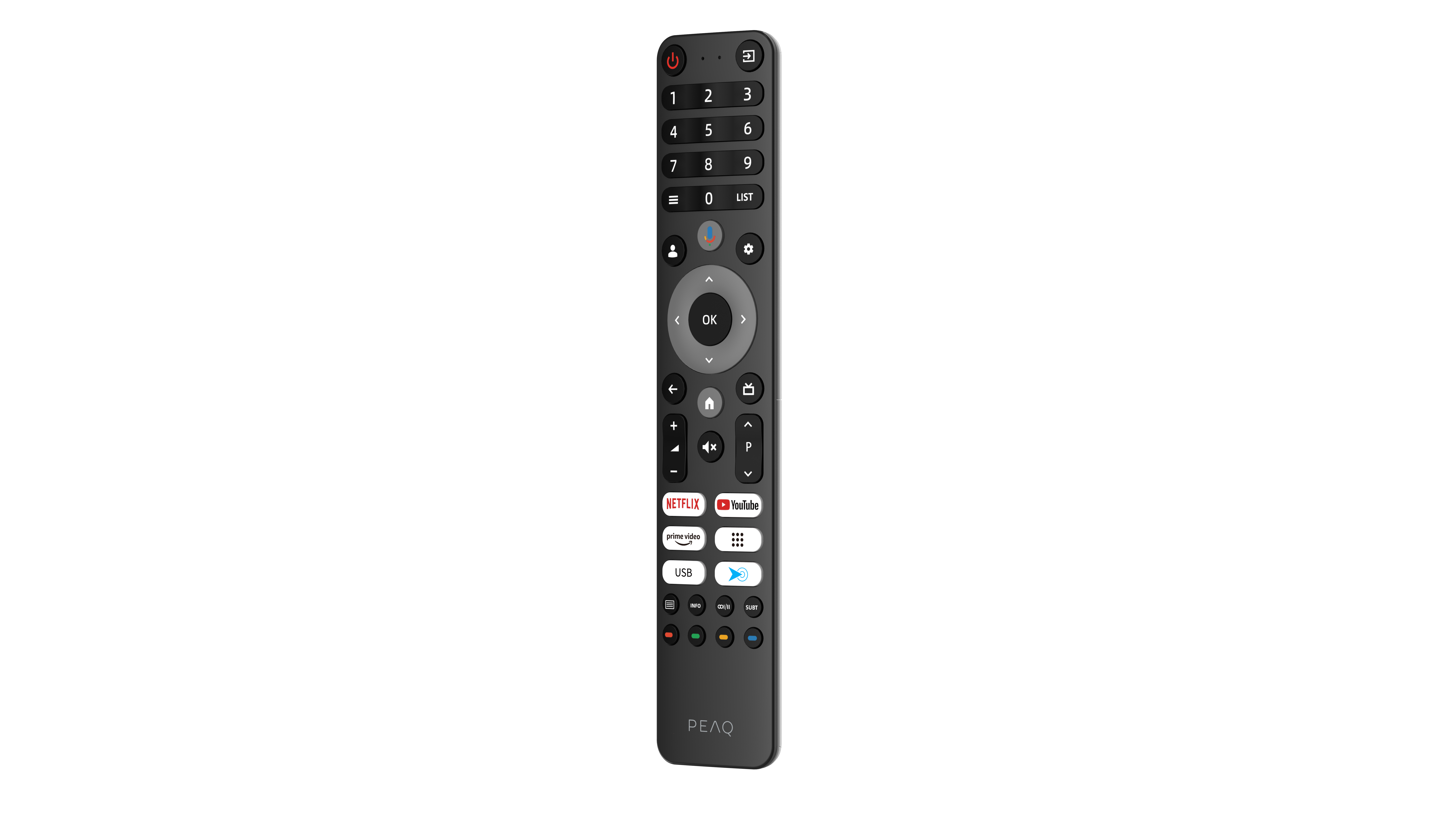 Czarny pilot do TV z przyciskami. Zawiera zasilanie, numery, OK, nawigację i przyciski aplikacji.