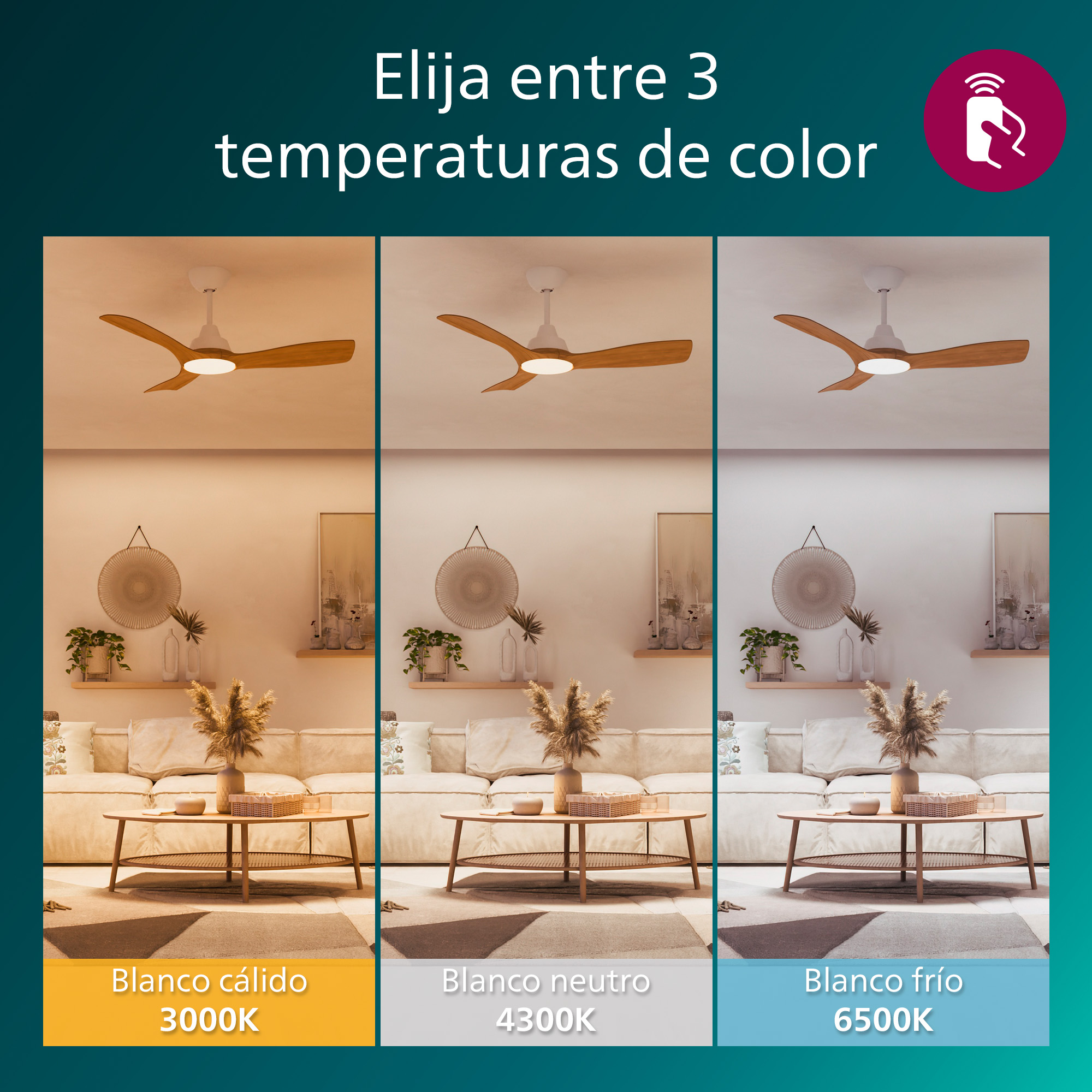 Tres ventiladores de techo iluminados con diferentes temperaturas de color: cálido, neutro y frío.