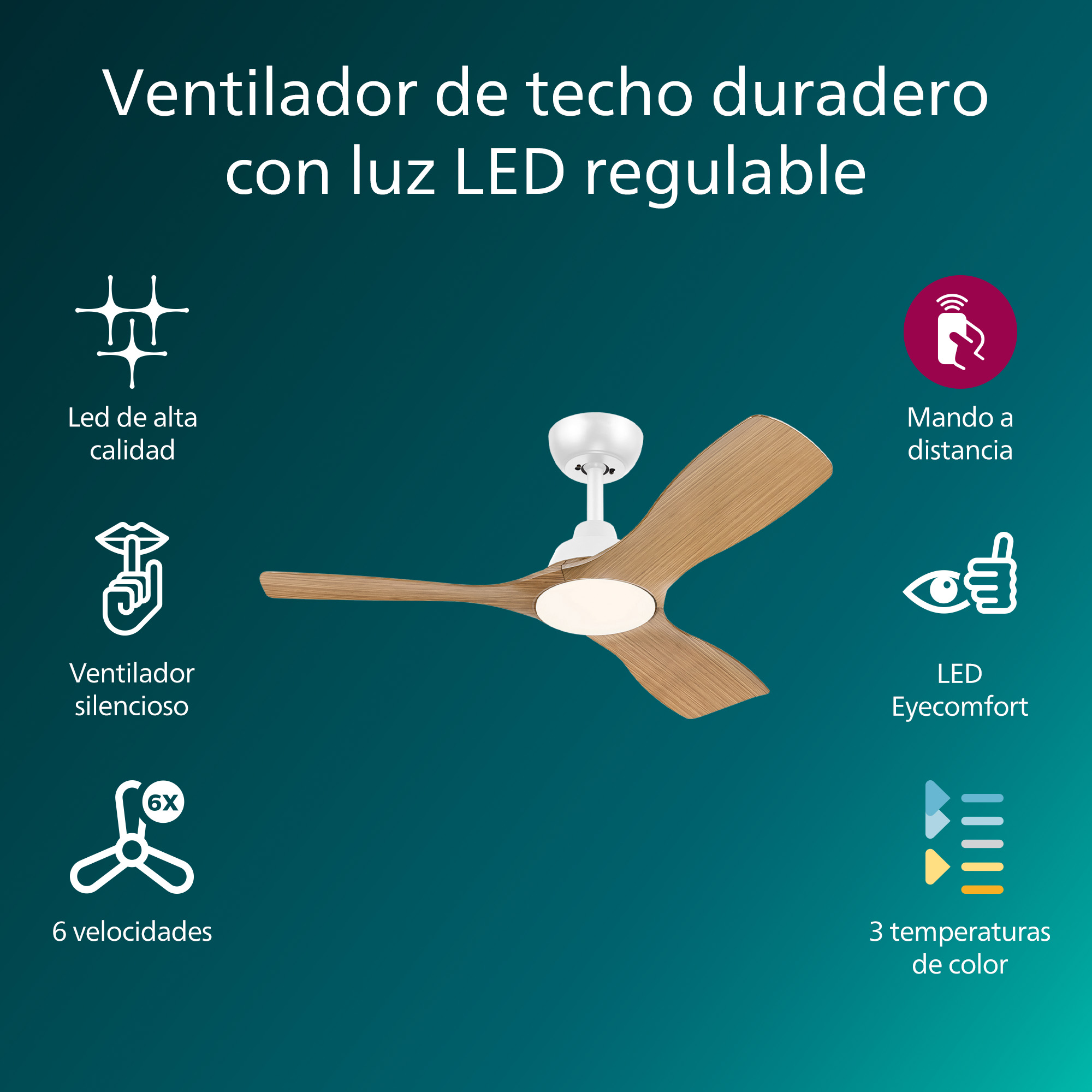 Ventilador de techo con aspas de madera, varios iconos y texto.