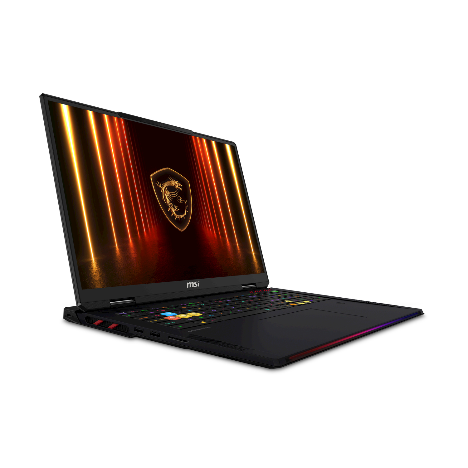 Laptop da gioco con uno schermo che mostra un emblema dorato. Tastiera illuminata. Vista laterale.