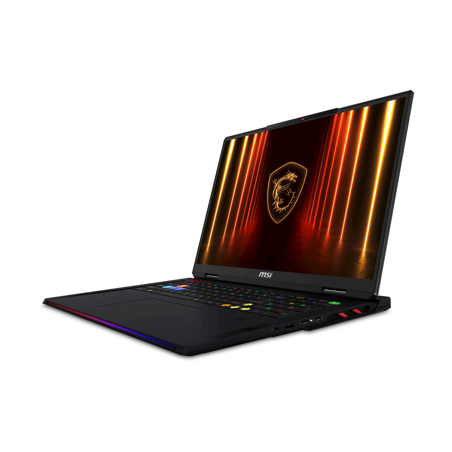 Un laptop nero con tastiera colorata, illuminata.