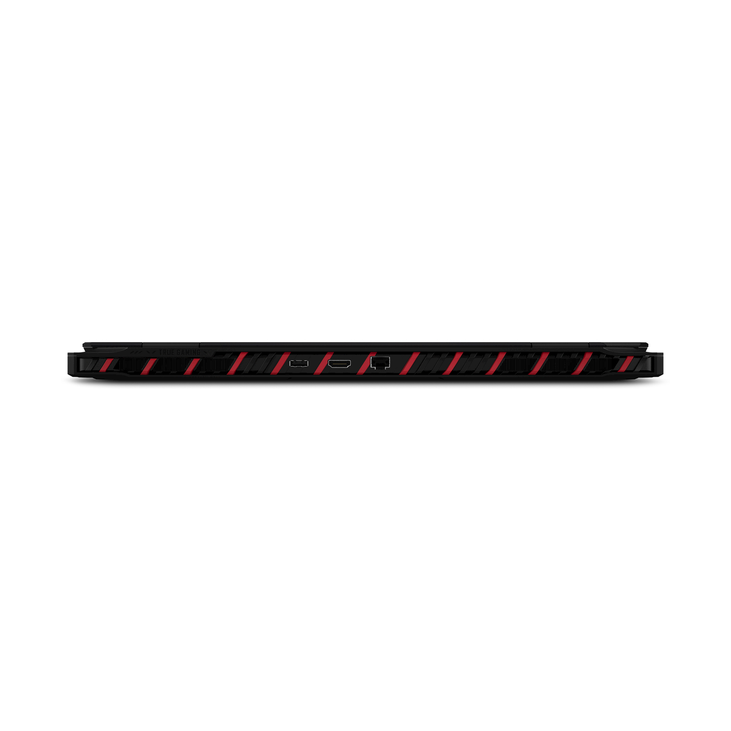 Il retro di un laptop nero. Ha un design a ventilazione e un logo.