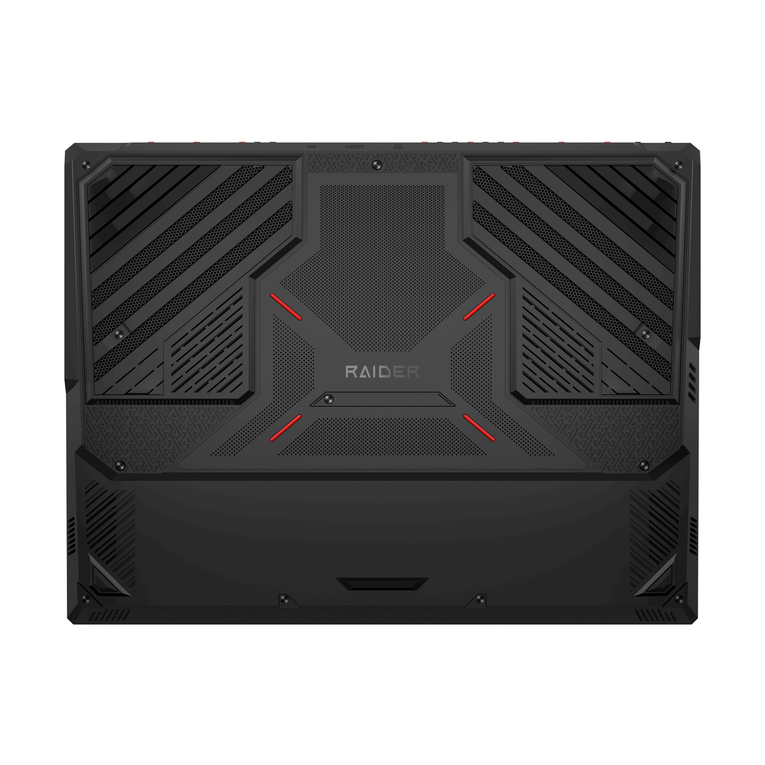 Parte inferiore del laptop con design stilizzato, marchio Raider e dettagli rossi.