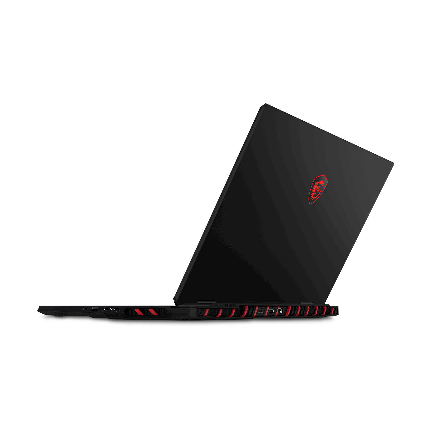 Laptop nero con design rosso in basso. Lo schermo è leggermente aperto, mostrando il retro.