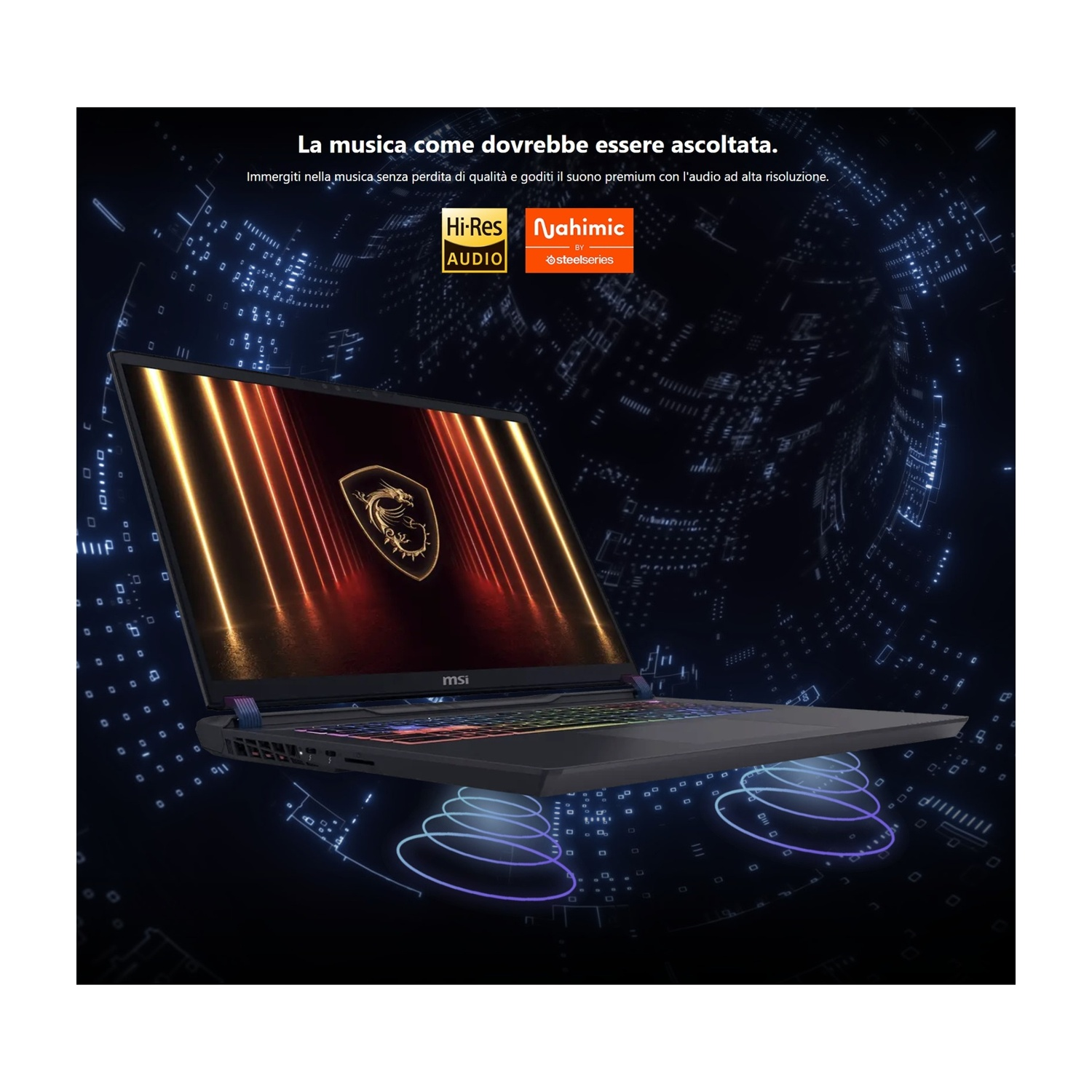 Un laptop nero che mostra un'interfaccia di gioco, illuminata.