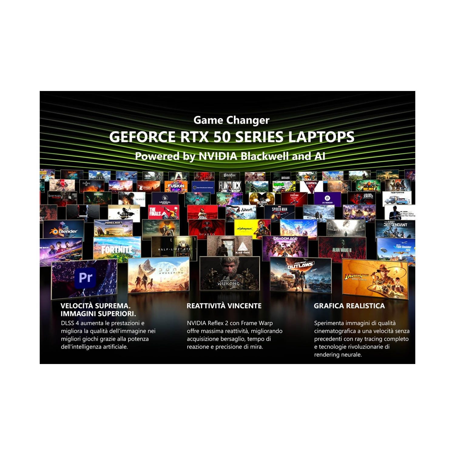 Immagine di una pubblicità per laptop. Il testo recita 'GeForce RTX 50 Series Laptops' con titoli di giochi e descrizioni.