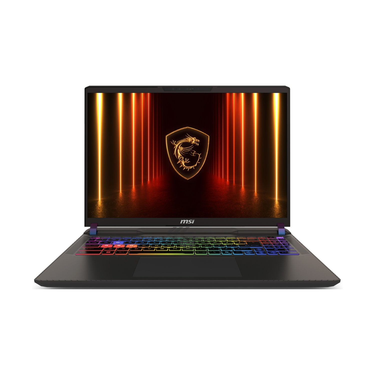 Laptop nero con tastiera colorata e display.