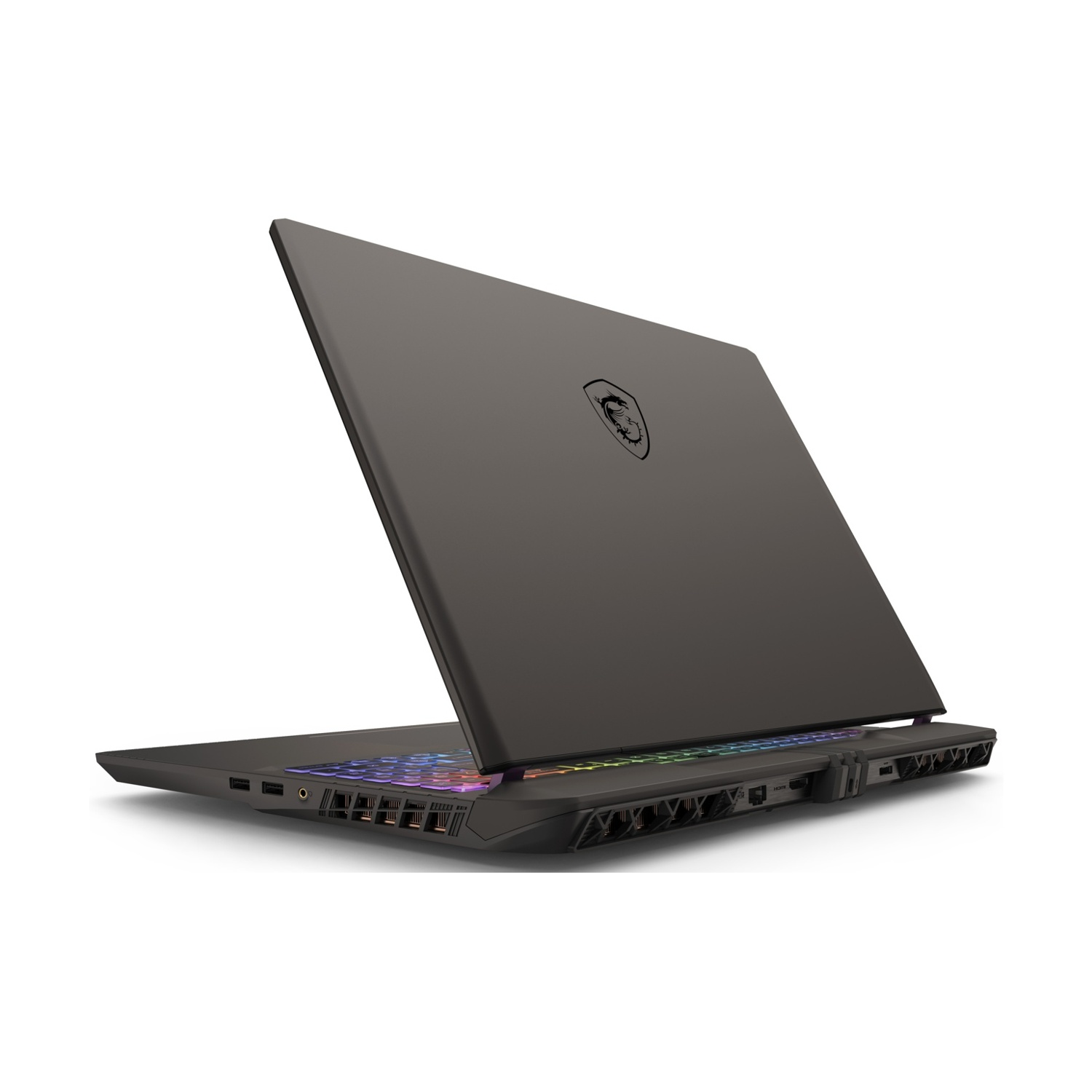 Laptop MSI nero, vista posteriore angolata, che mostra il retro, con logo e porte visibili.