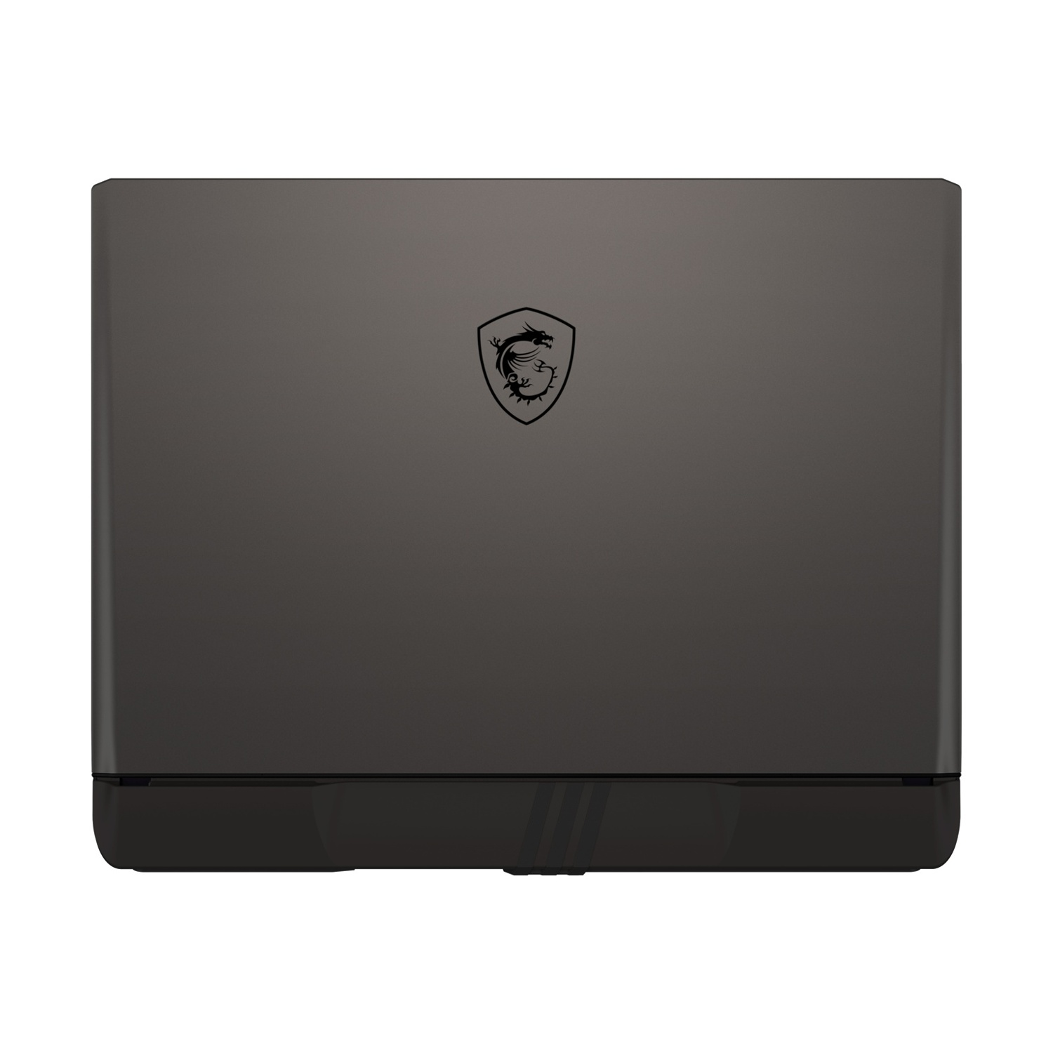 Vista dall'alto di un laptop MSI nero, che mostra un logo sul coperchio. Il fondo è nero.