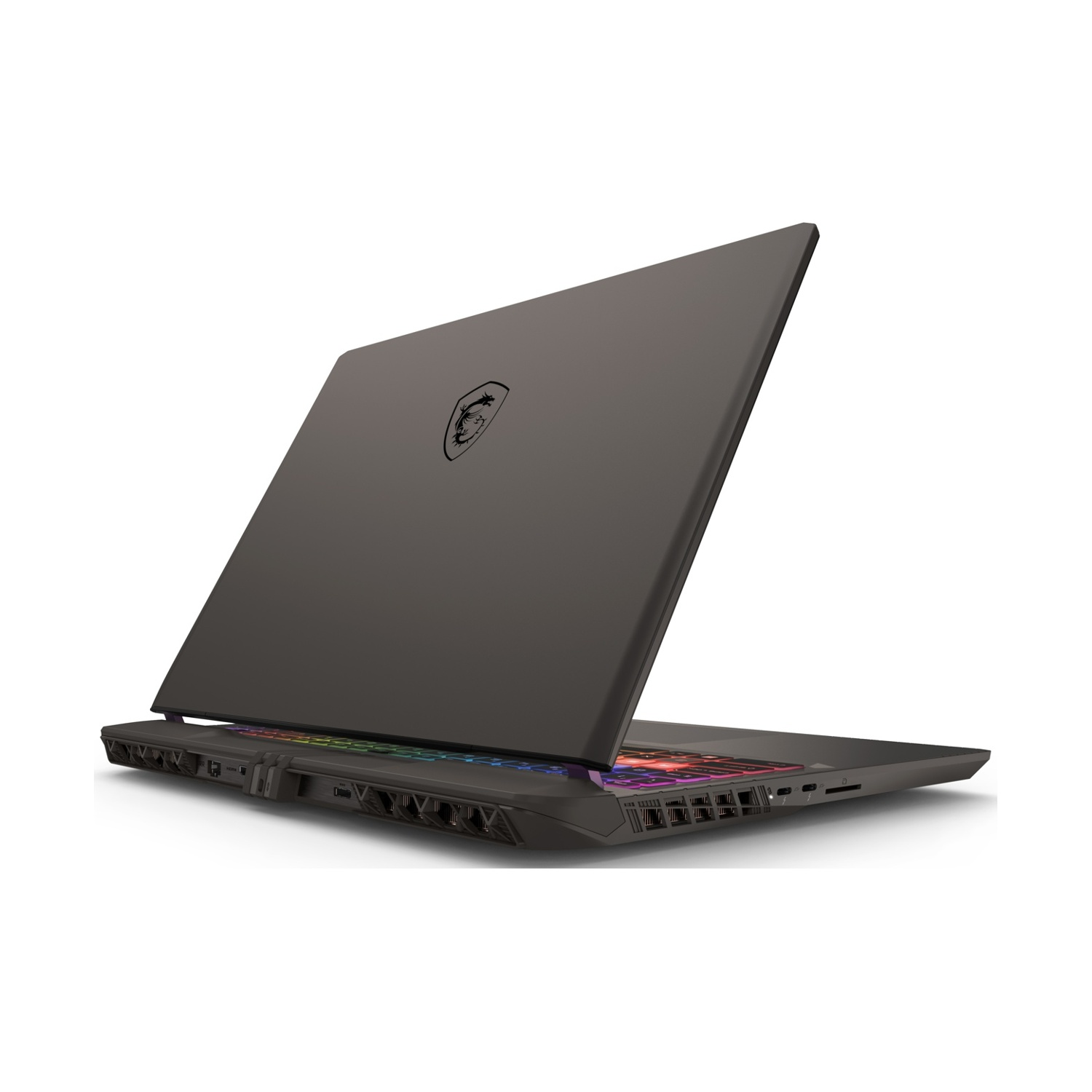 Laptop scuro da un'angolazione posteriore, con il logo sulla cover, sfondo bianco.