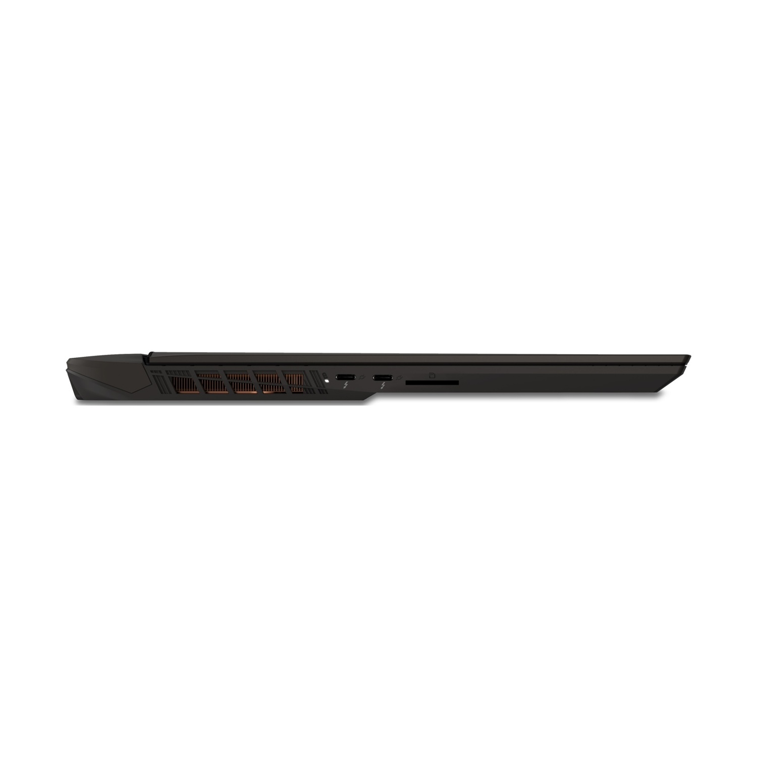 Laptop nero visto di lato. Colore scuro, porte visibili, design elegante.