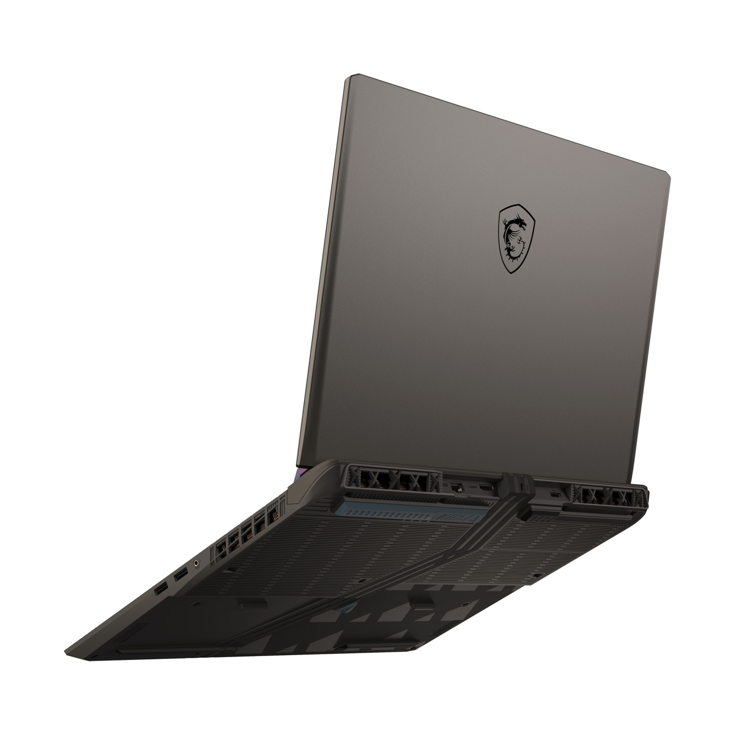 Laptop, che mostra la base con le prese d'aria e il coperchio. Il logo del marchio è visibile.