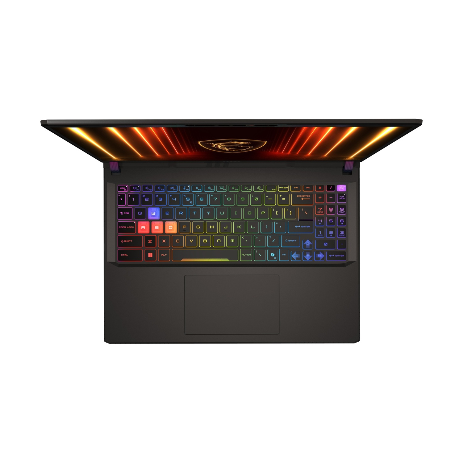 Vista dall'alto di un laptop con tastiera colorata e schermo illuminato su una superficie nera.