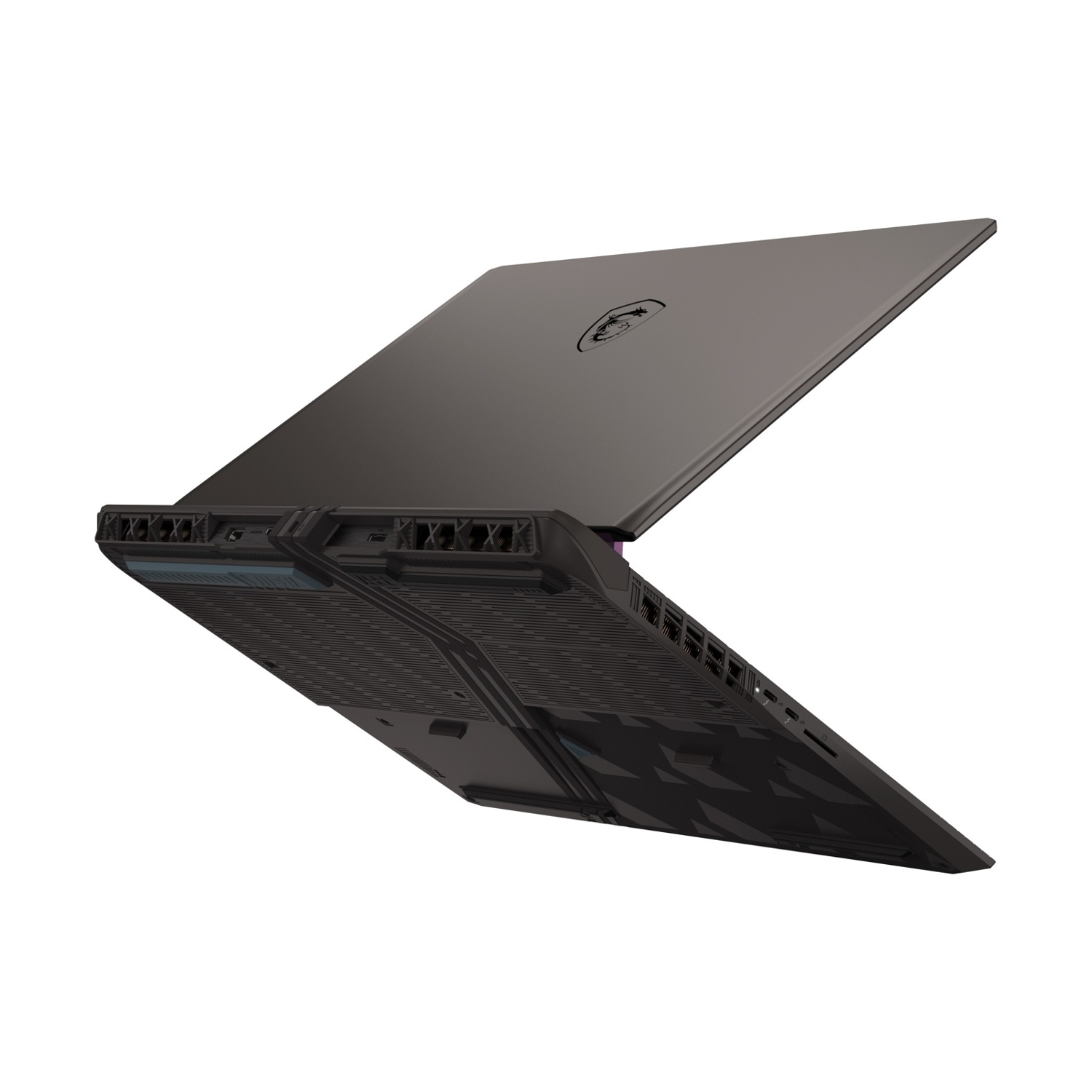 Laptop, vista dal basso, che mostra prese d'aria e porte, angolato verso l'alto.