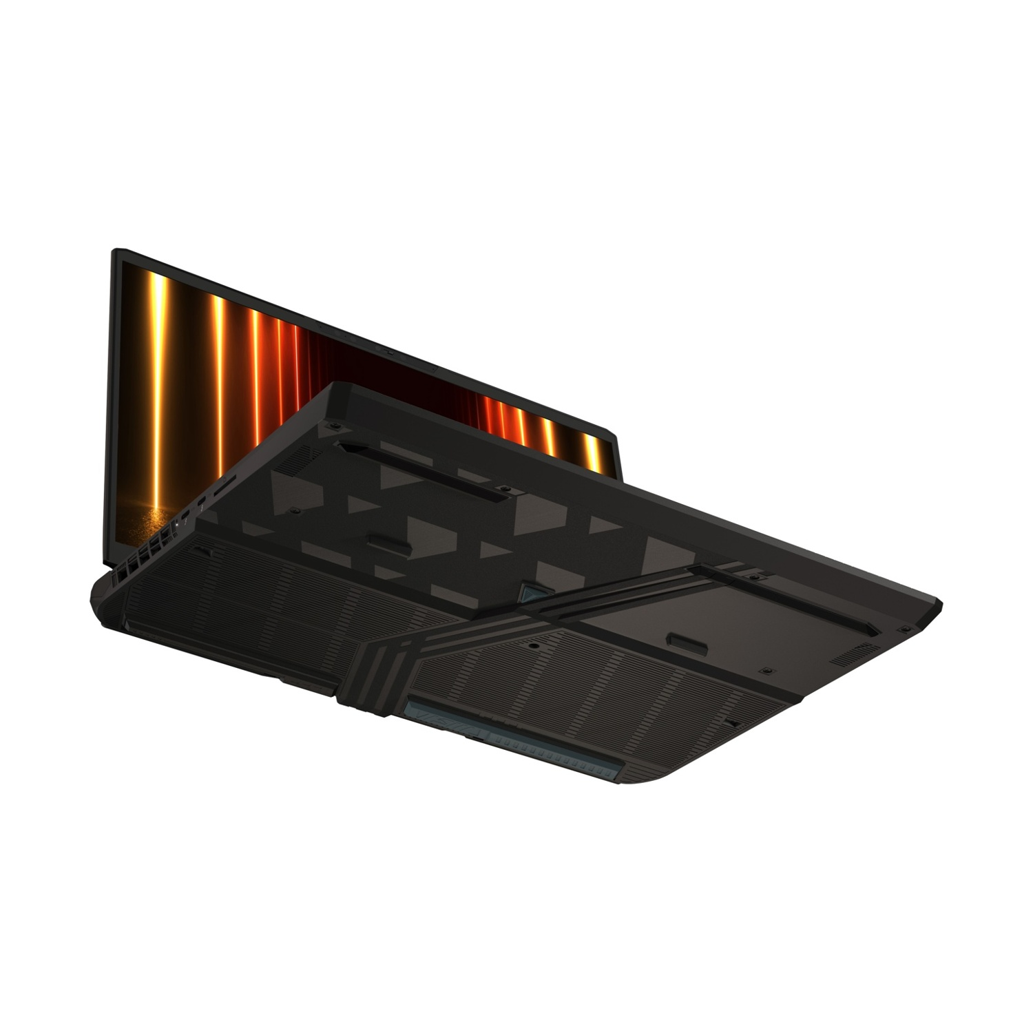 Laptop, che mostra il lato inferiore, angolato verso l'alto, con schermo che mostra un logo.