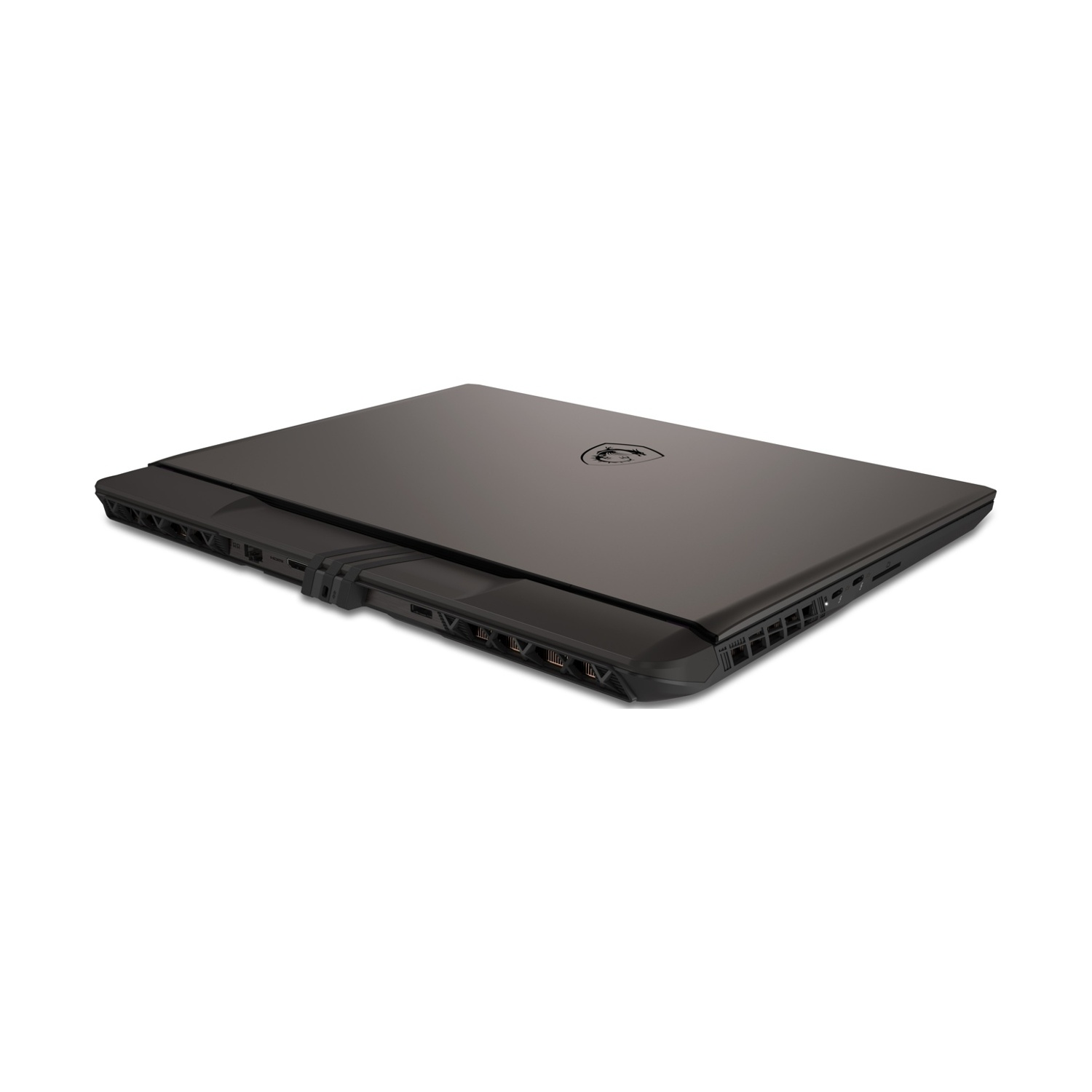 Laptop nero, chiuso, con superficie liscia e opaca. Il logo MSI è visibile sul coperchio.