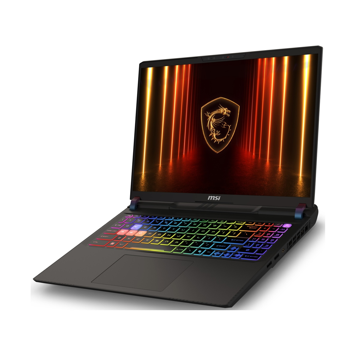 Laptop con tastiera luminosa e schermo che mostra un logo e un'immagine di corridoio illuminato di arancione.