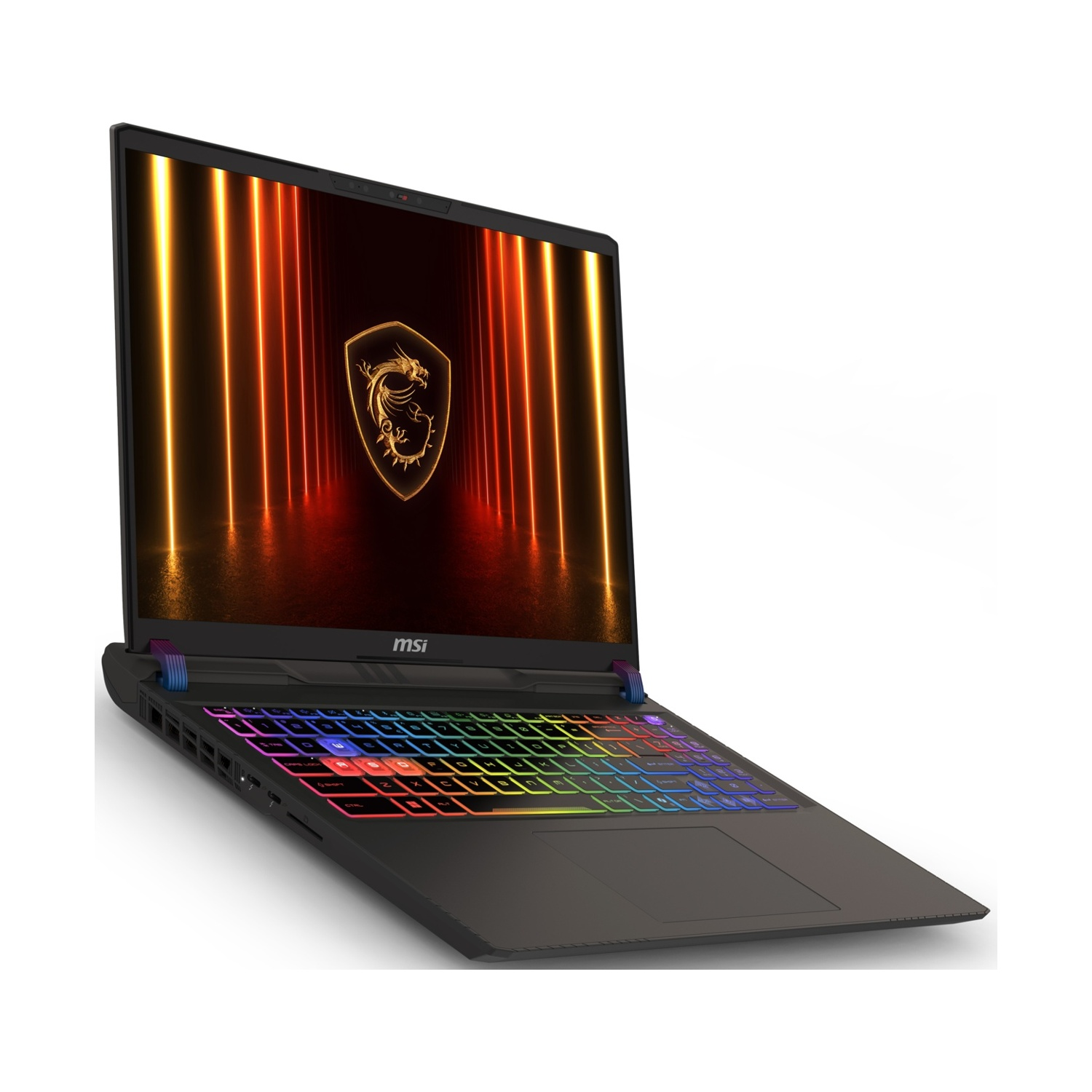 Un laptop nero è aperto, mostrando una tastiera colorata.