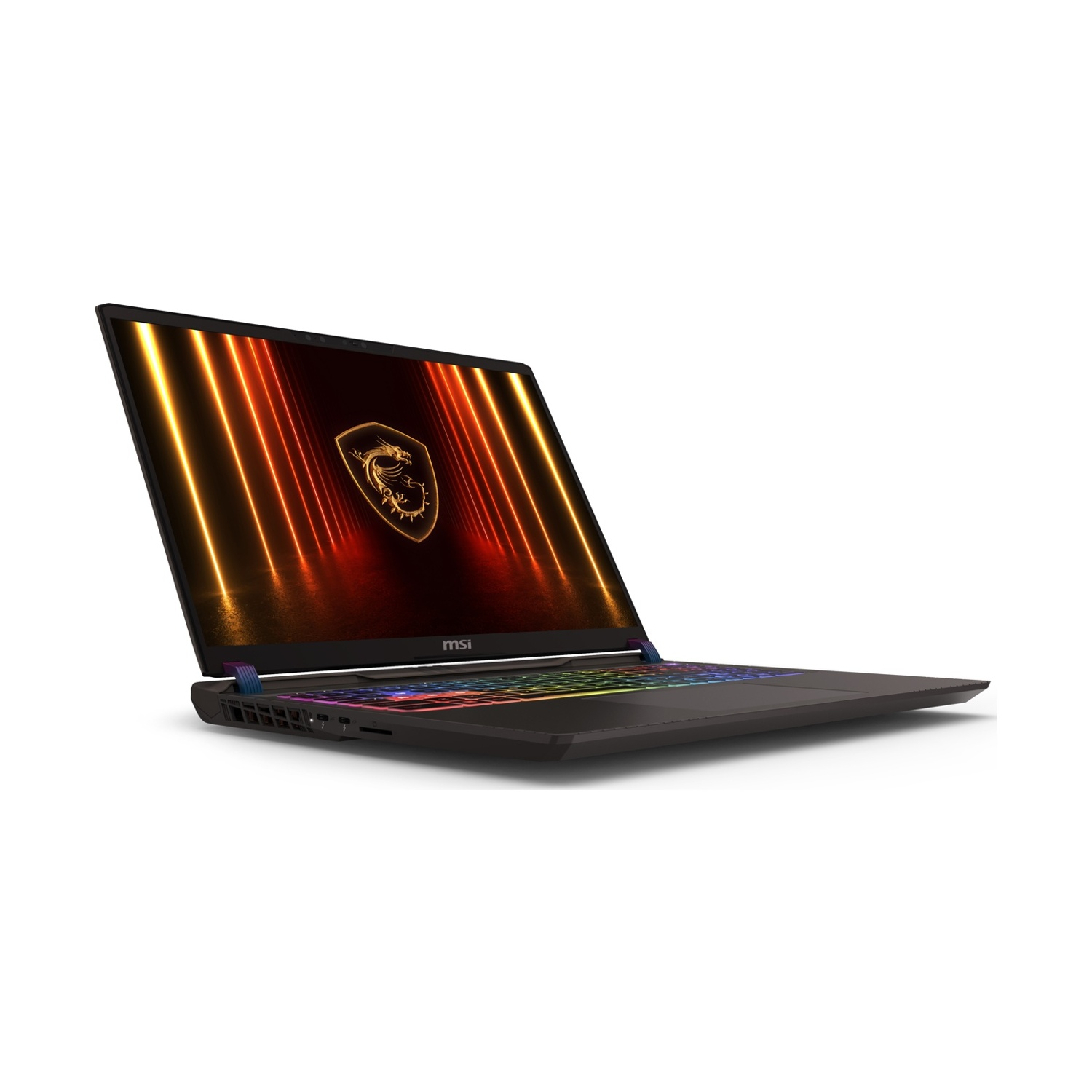 Laptop nero aperto con tastiera colorata, schermo luminoso e logo.