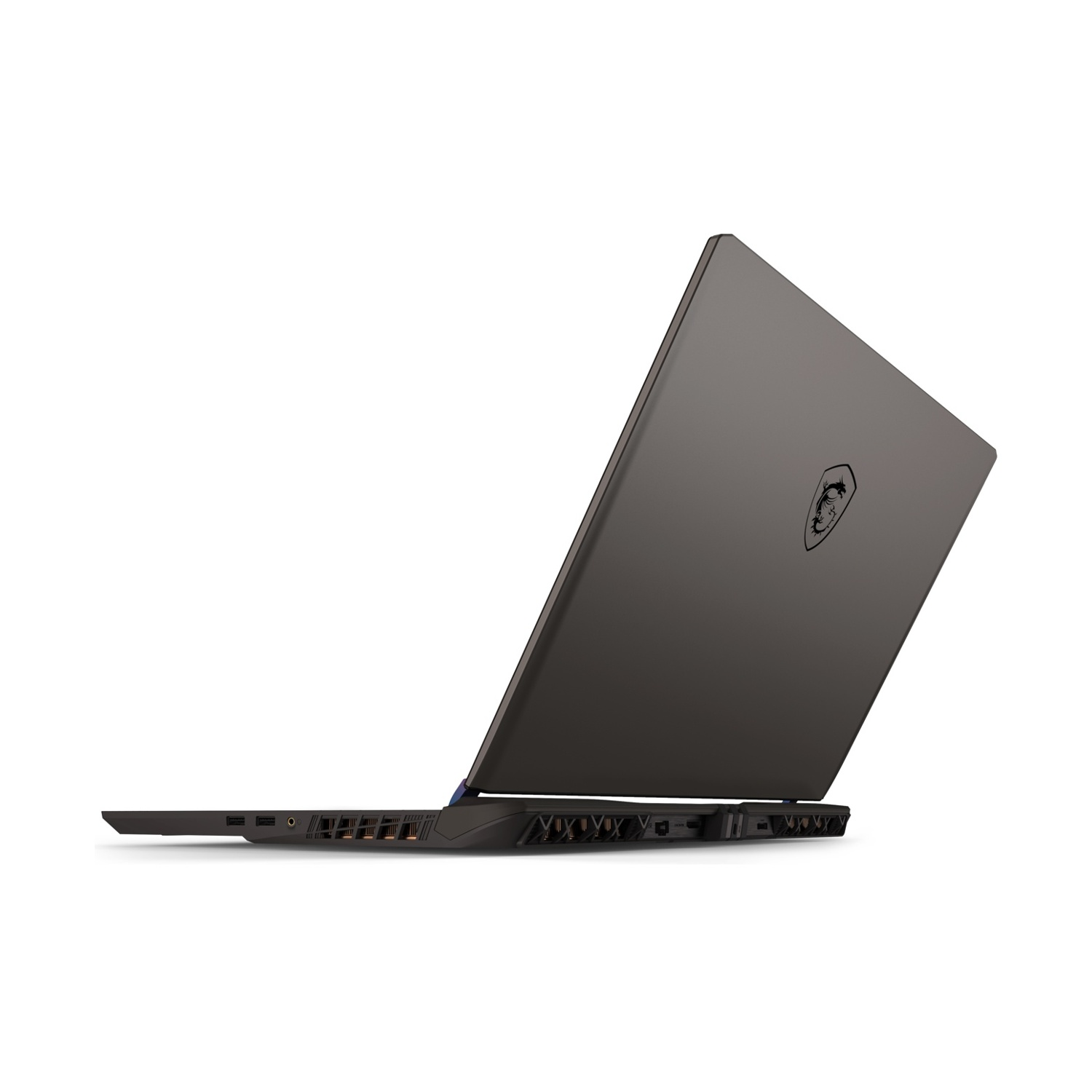 Laptop MSI nero, vista angolata, che mostra il retro con logo, porte e prese d'aria.