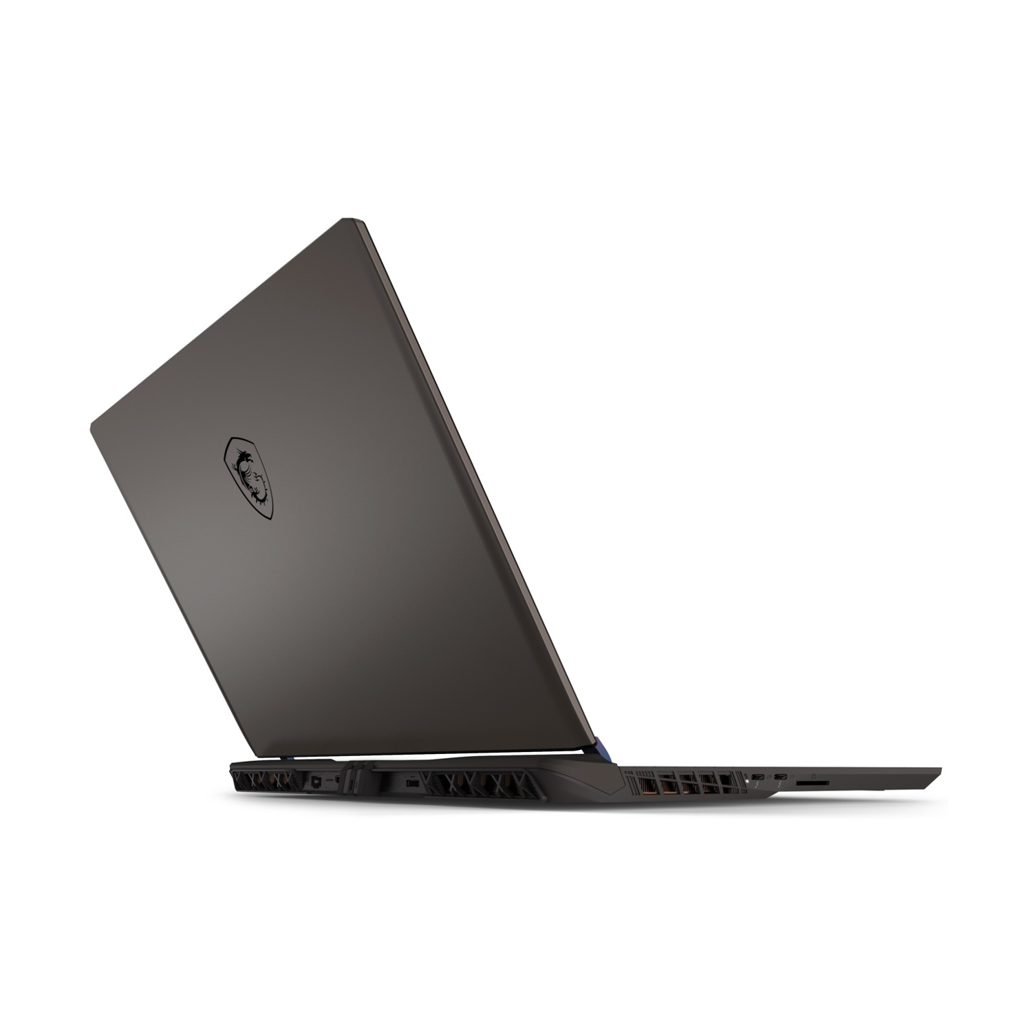 Un laptop grigio su sfondo bianco è leggermente aperto, mostrando il retro dello schermo con un logo.