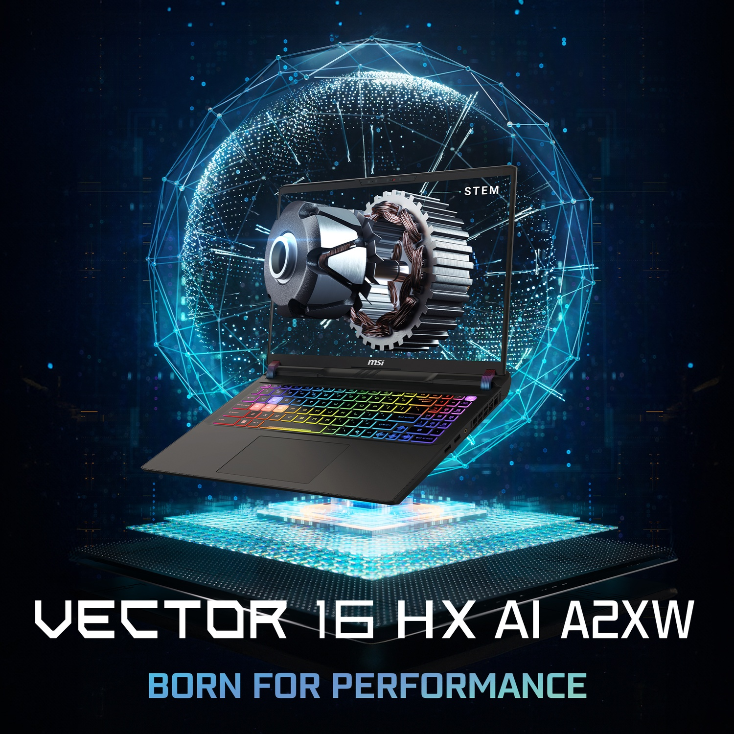 Laptop nero con tastiera arcobaleno e grafica di motore. Il testo in basso dice: VECTOR 16 HX AI A2XW.
