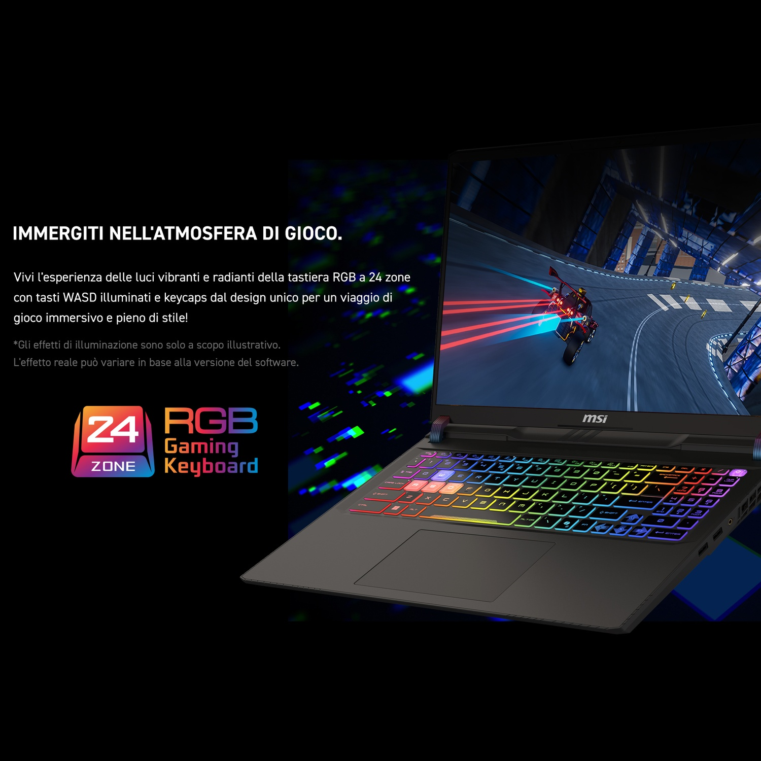 Laptop nero, vista dall'alto, con un logo sulla cover.