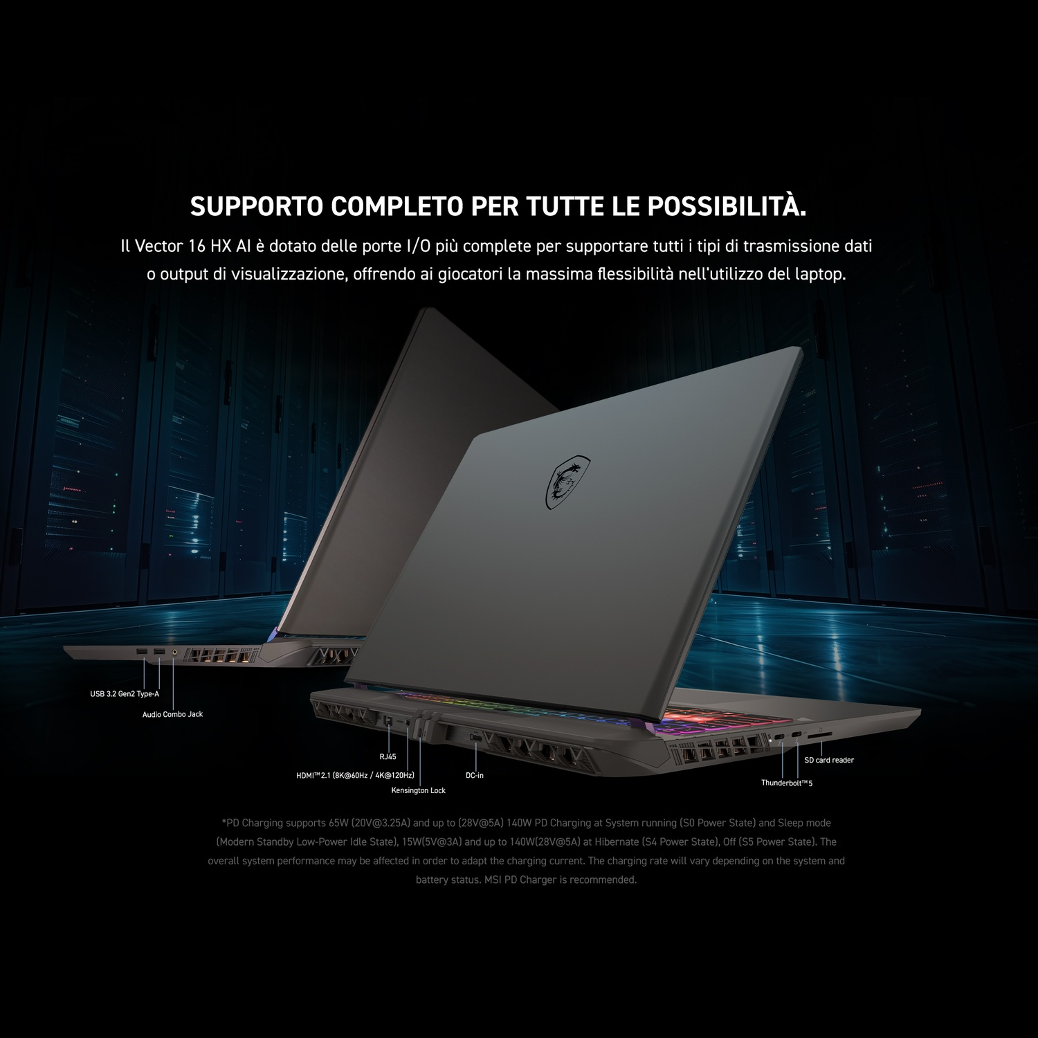 Laptop MSI che mostra porte e connettori, con una vista ravvicinata. Sfondo nero.