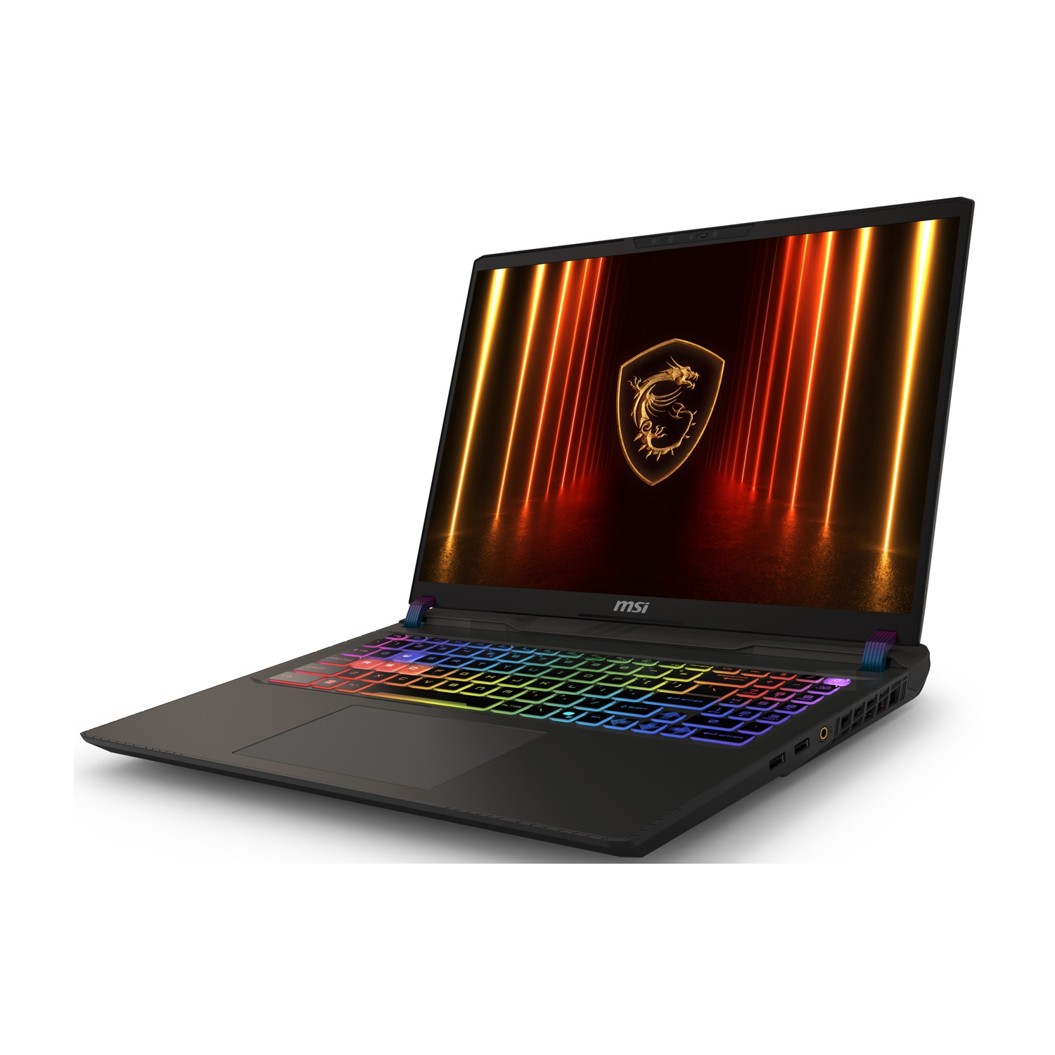 Laptop nero, parzialmente aperto. Tastiera con luci colorate, schermo con logo e base.