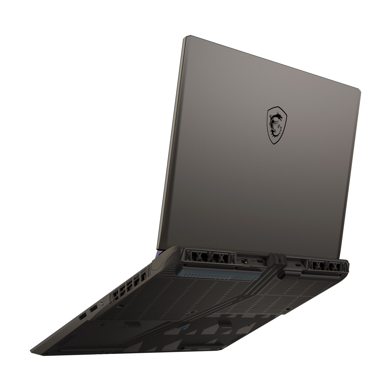 Un laptop nero visto da dietro, con il logo MSI, che mostra le porte e un design di ventilazione.