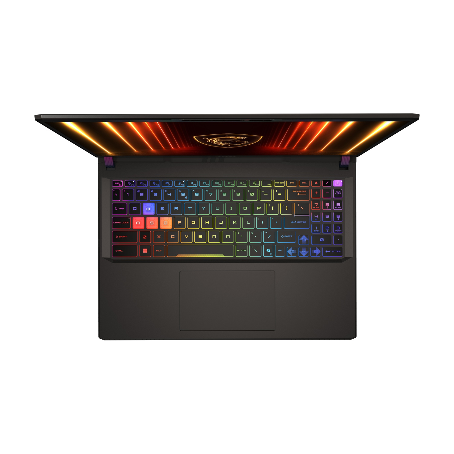Vista dall'alto di un laptop nero con tastiera illuminata colorata e schermo arancione e giallo.