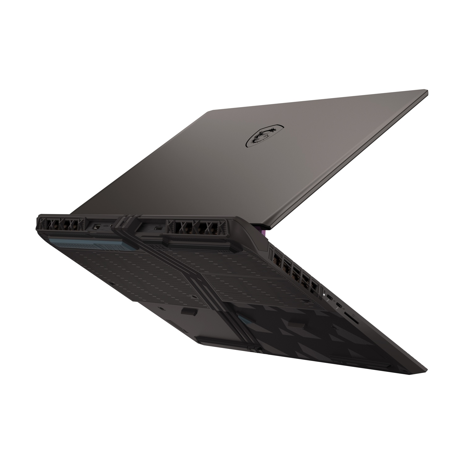 Un laptop con il coperchio parzialmente aperto, visto da un'angolazione. Il lato inferiore mostra le prese d'aria e il design.