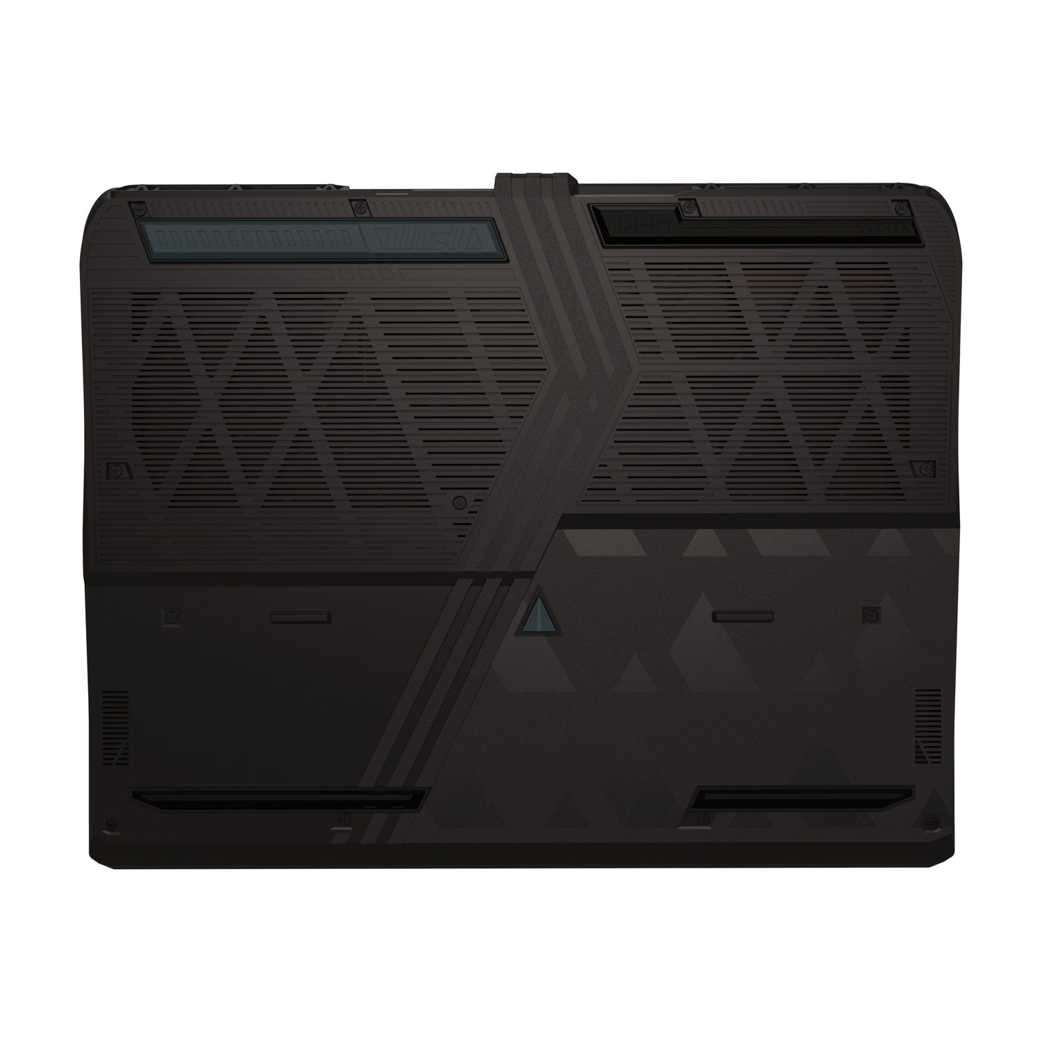 Lato inferiore del laptop da gioco, che mostra prese d'aria e design. Il laptop è nero con superficie a fantasia.