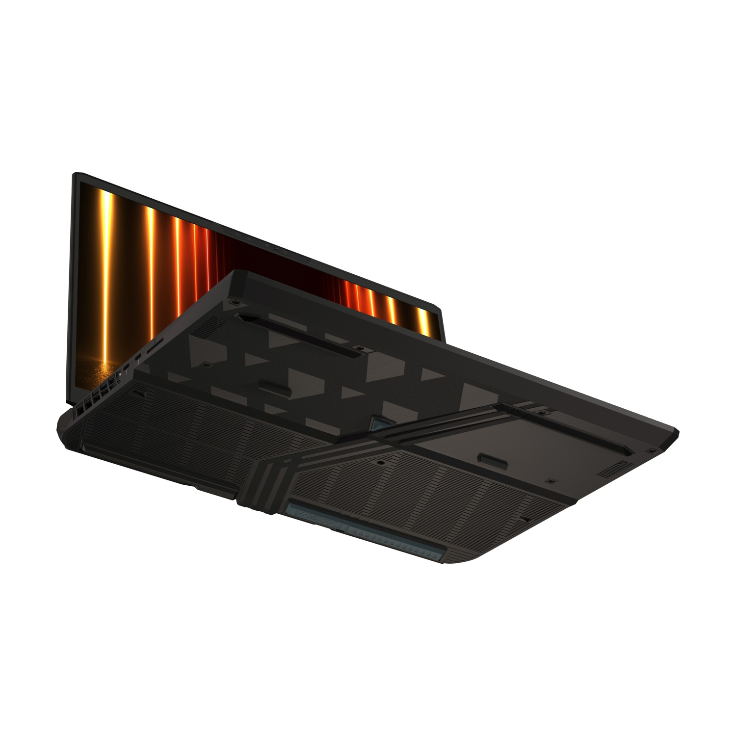 Laptop nero, aperto, con schermo a gradiente arancione e giallo. Il fondo è nero con fessure.