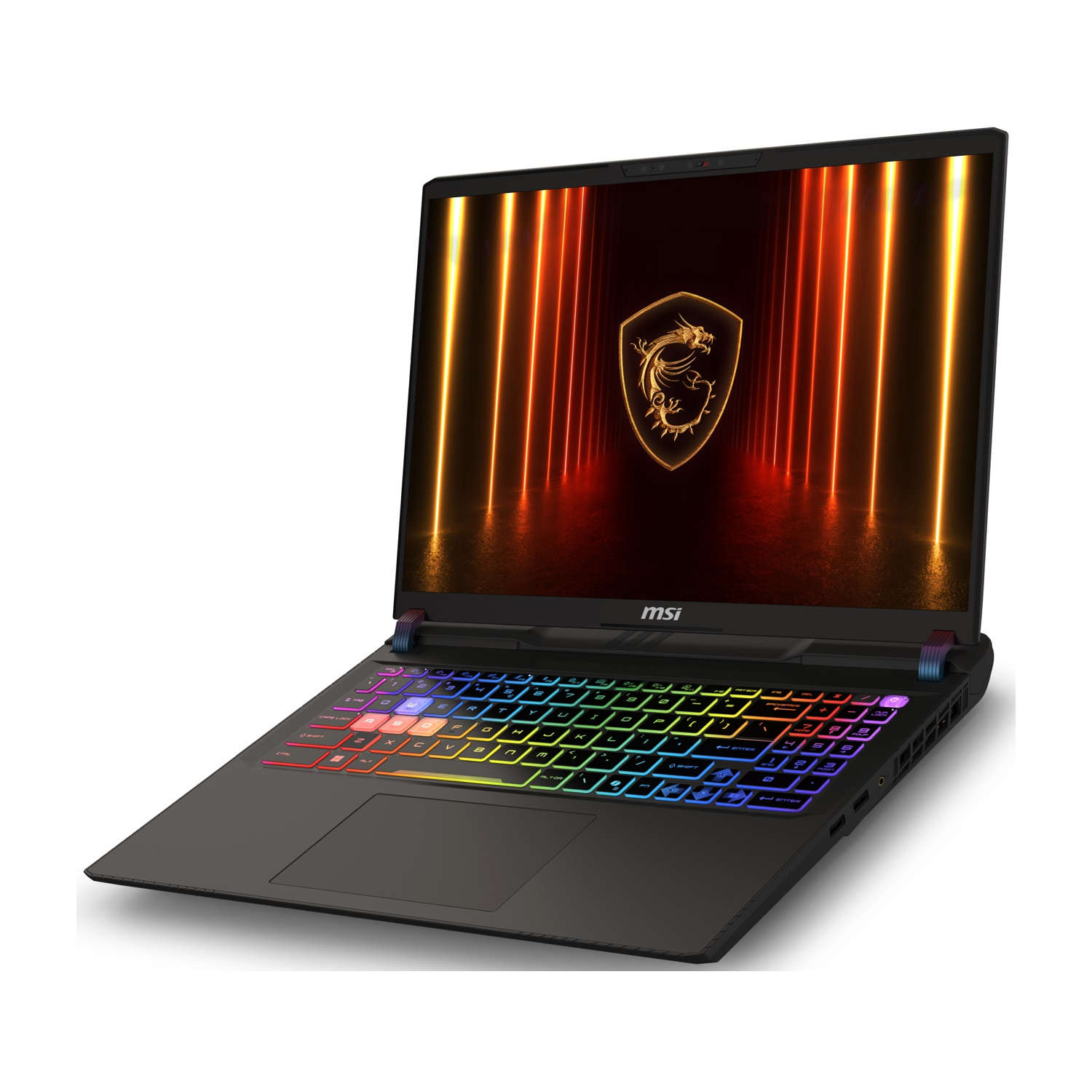 Laptop con tastiera luminosa e schermo che mostra un logo e un'immagine di corridoio illuminato di arancione.
